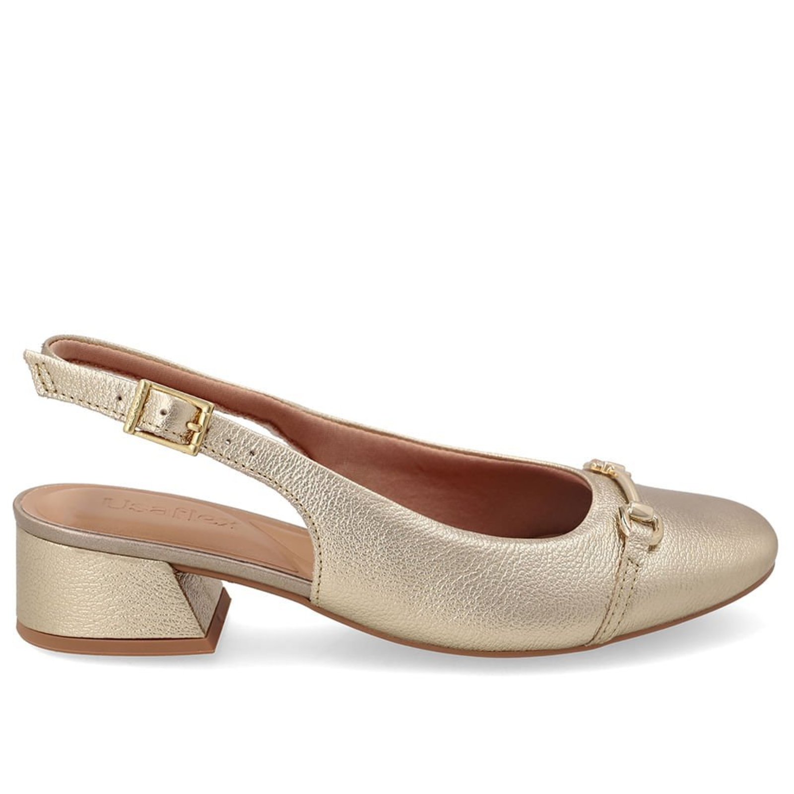 Slingback Em Couro Dourado Bico Quadrado