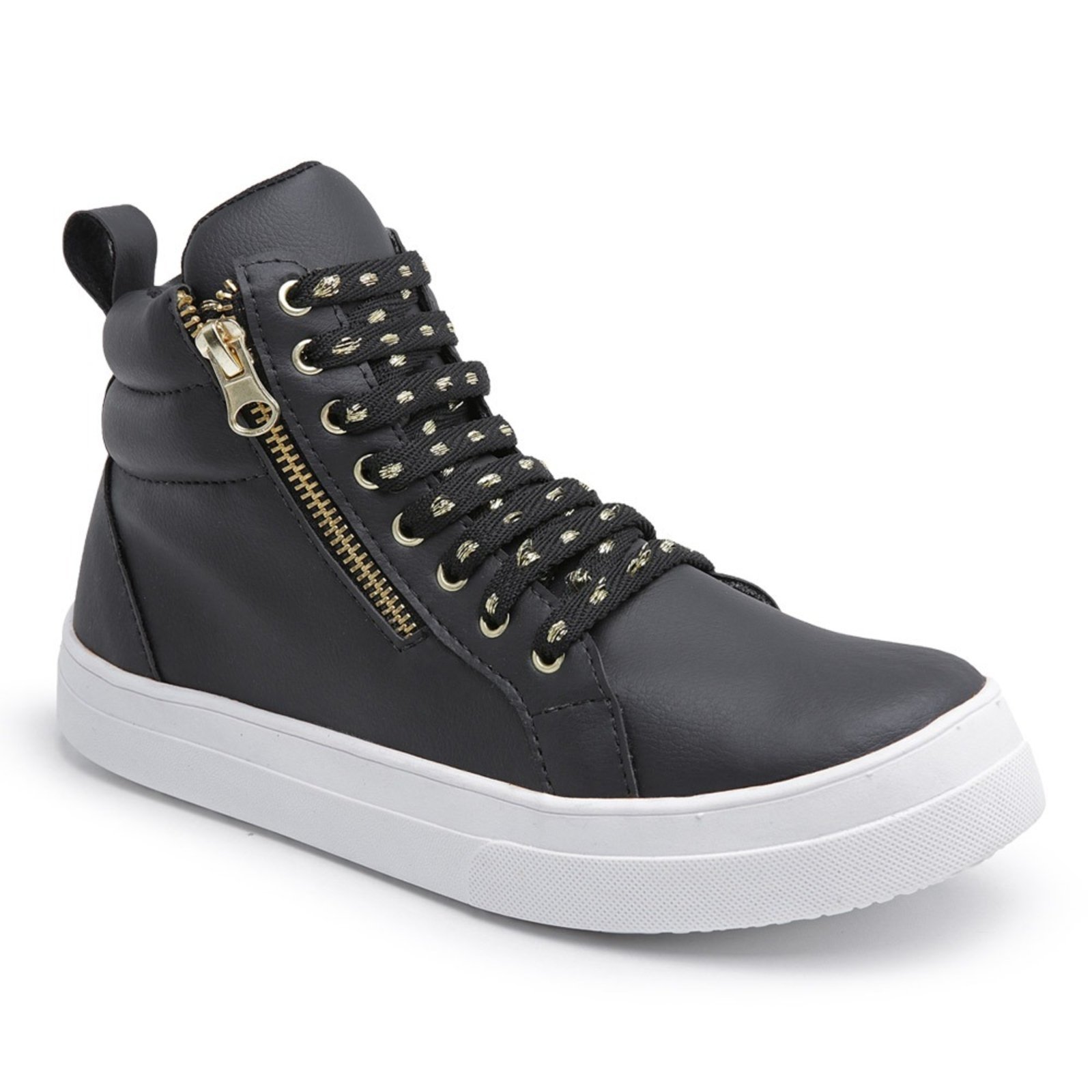 Sneaker Tênis Casual Botinha Feminina Cano Alto Sola Alta Emborrachada Zíper Lateral Amarração Preto