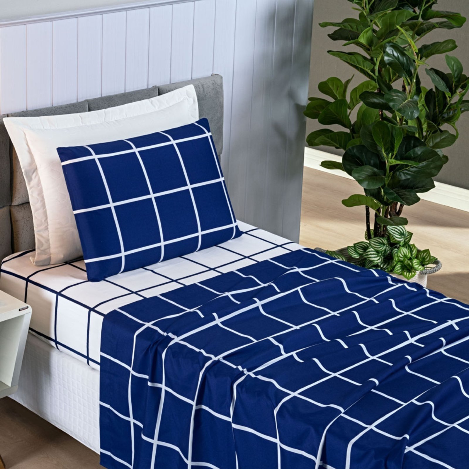 Jogo Cama Lençol Casa Scarpa Brooklyn Solteiro Quadriculado Micropercal 200 Fios 3 Peças - Azul Marinho