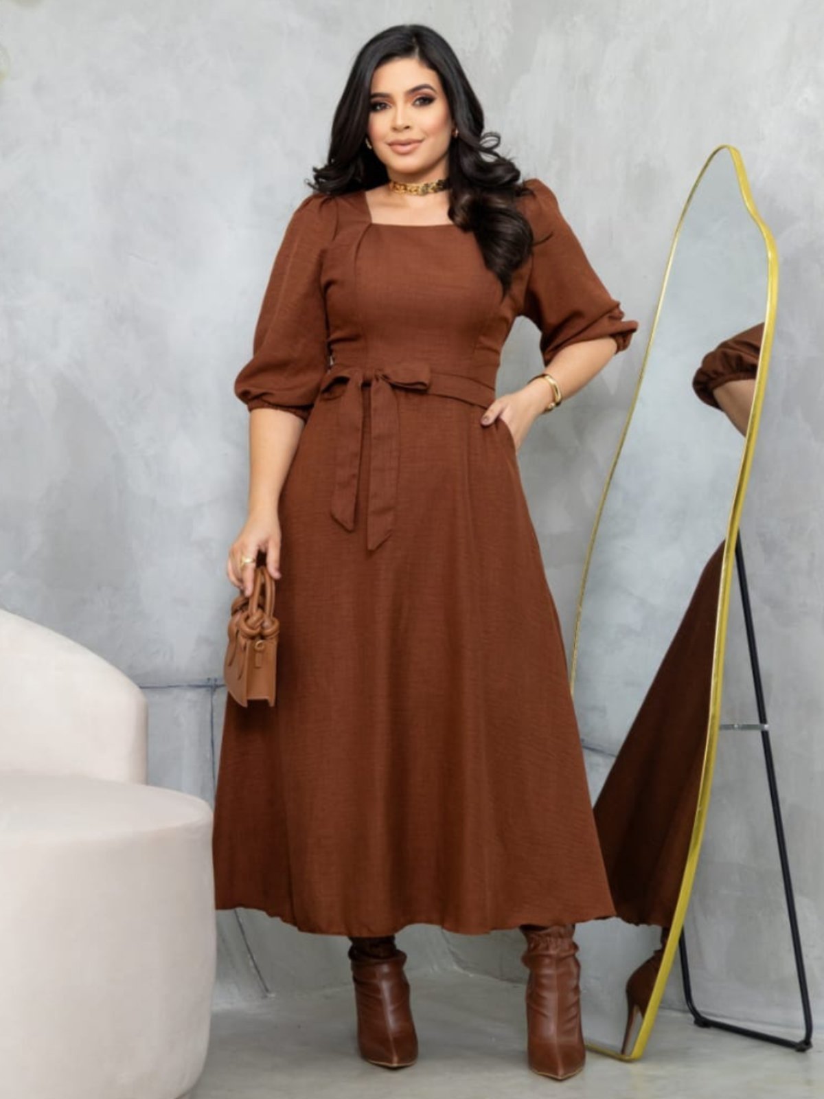 Vestido Midi Soltinho Manga 3/4 Elegante Social Moda Evangélica Marrom