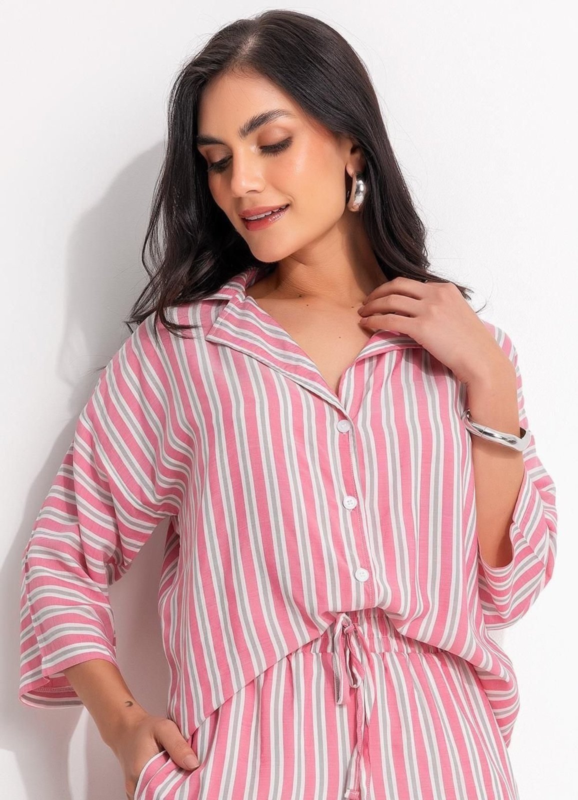 Vista 2 Blusa Em Viscose Plana Quintess Listrado E Cinza rosa Quintess rosa