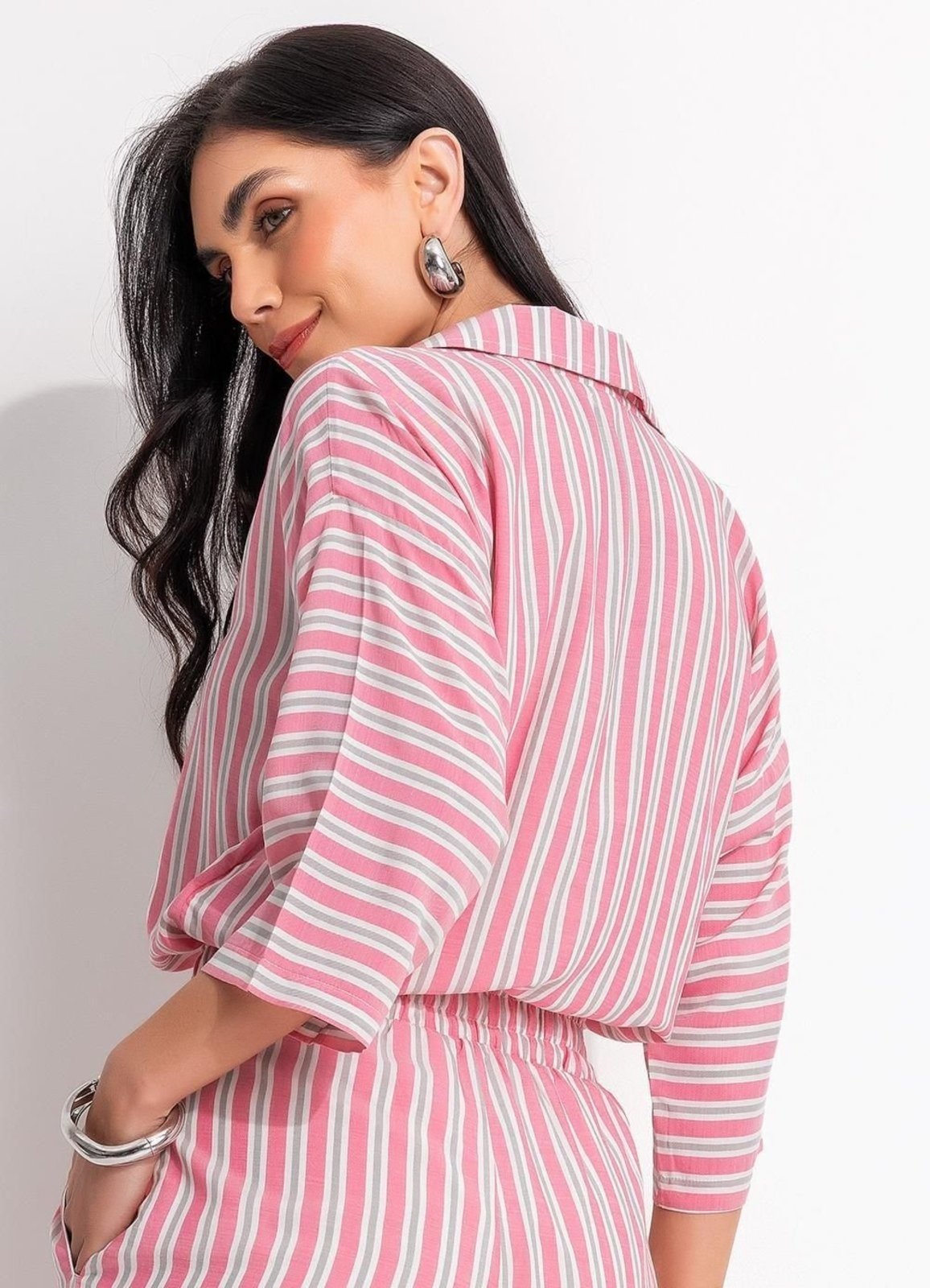 Vista 3 Blusa Em Viscose Plana Quintess Listrado E Cinza rosa Quintess rosa