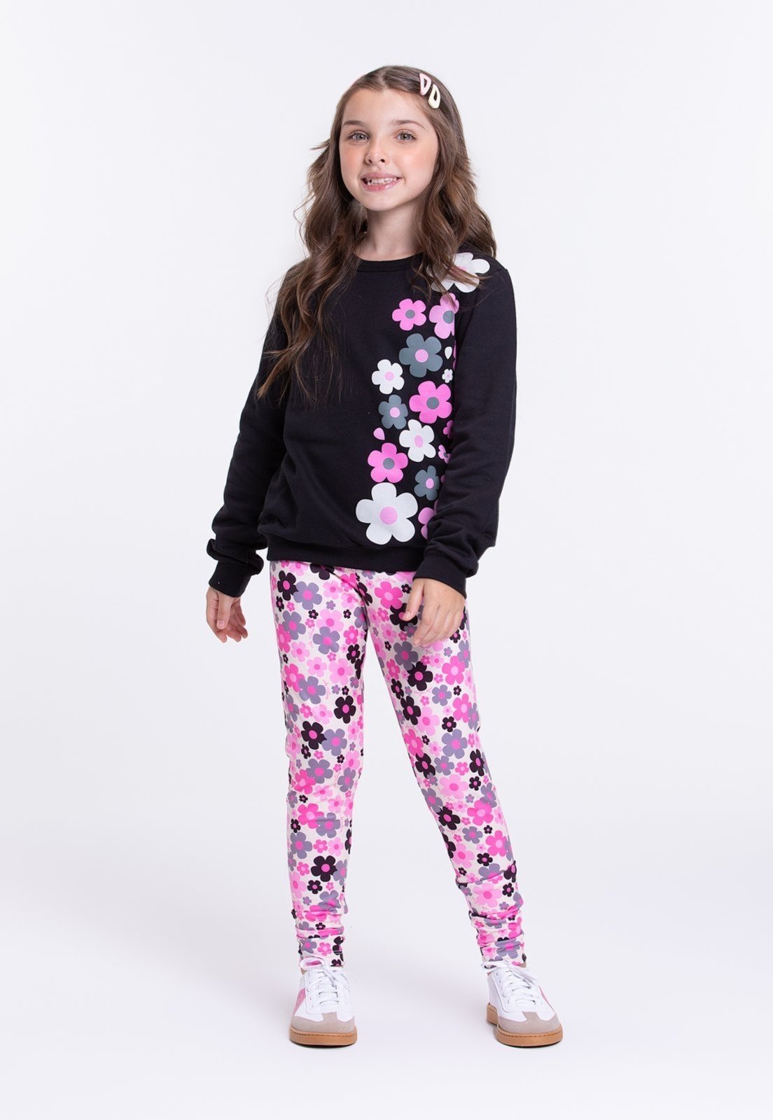 Infantil – Conjunto Moletom Florzinhas Preto – Vida Costeira