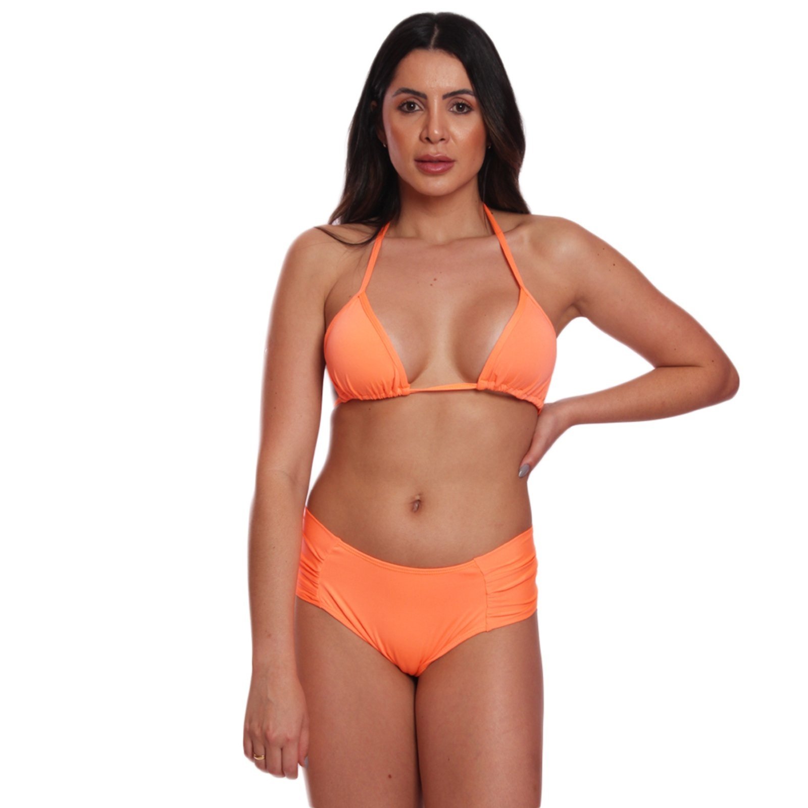 Conjunto Biquíni Feminino Cortininha Calcinha Tangão Largo Vih Triny Laranja