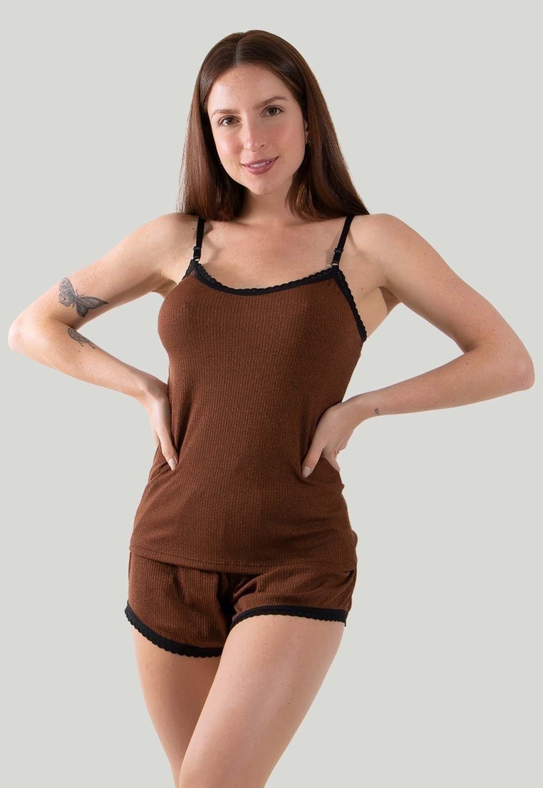 Babydoll em Ribana Canelada Feminino Roupa de Dormir Linha Noite Marrom