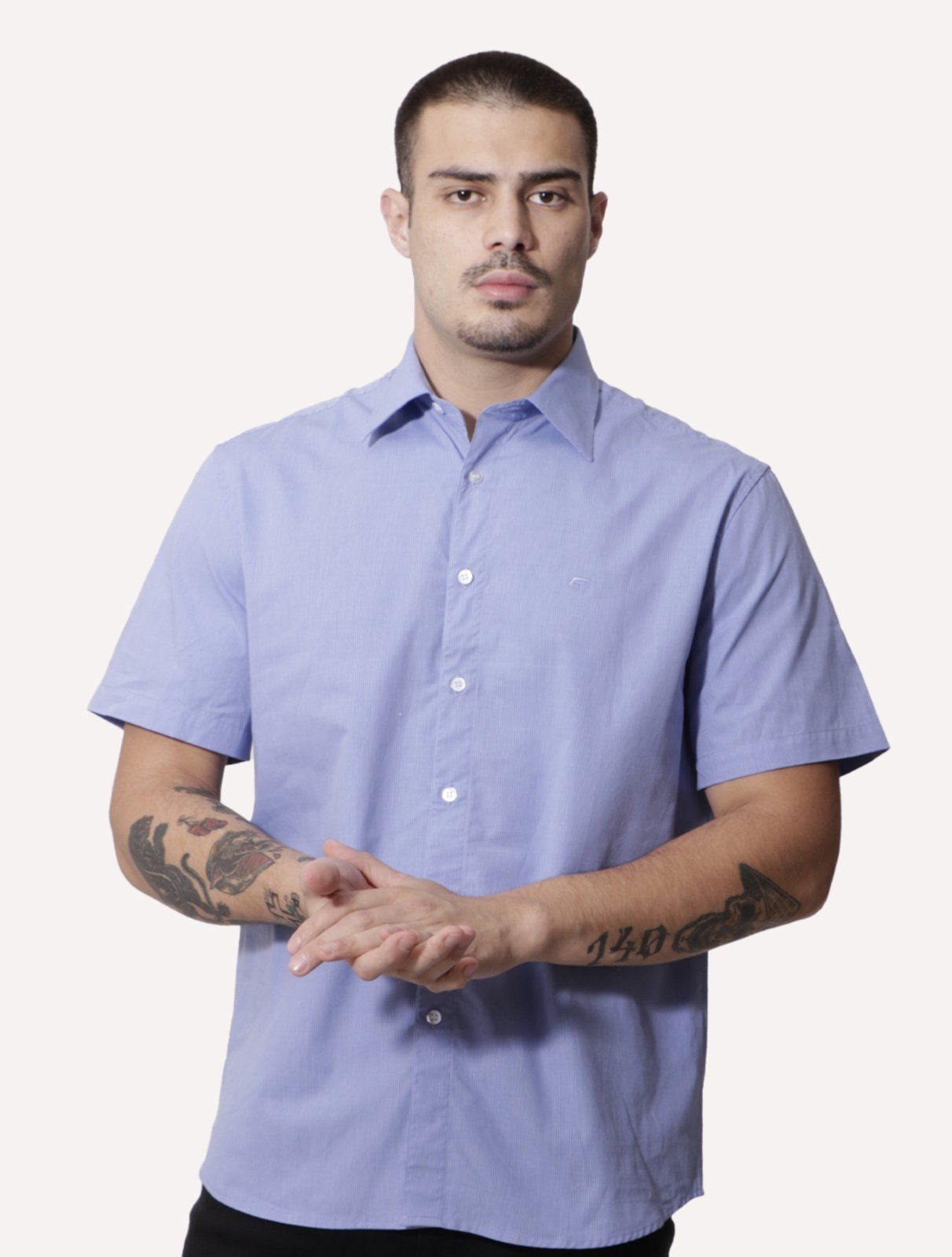 Camisa Ellus Masculina Regular Manga Curta Tricoline LY Stretch Jemez Listrada Azul