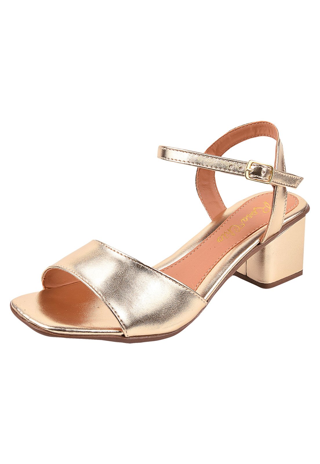 Sandália Salto Grosso Rosa Chic Calçados Salto Alto 7 cm Bloco Quadrado Dourado
