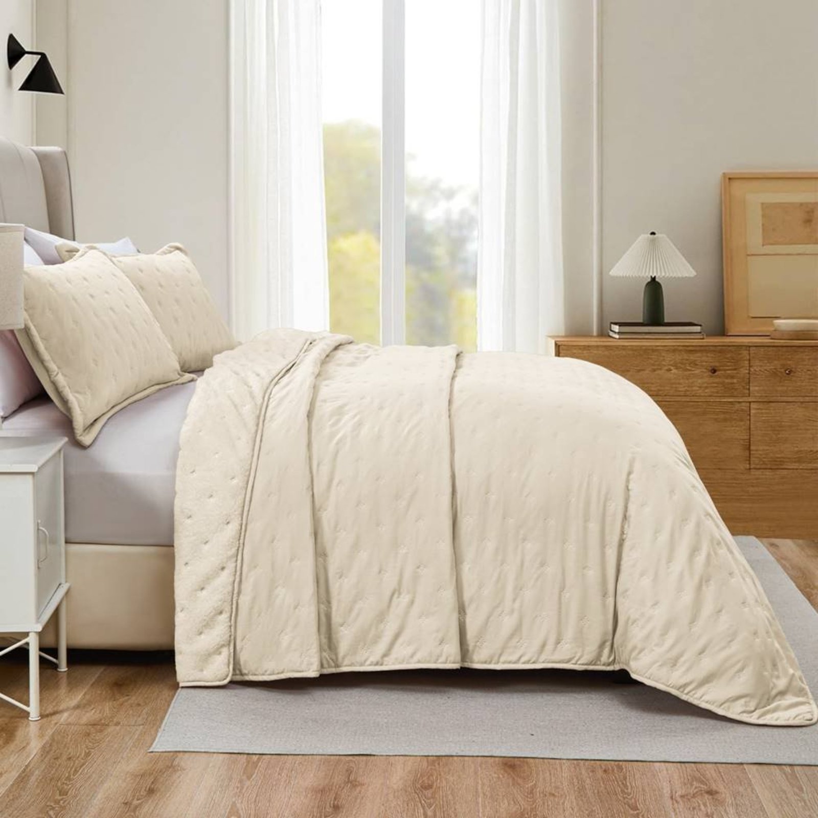 Cobre Leito King Casa Modelo Enxovais Dupla Face 300 fios com Sherpa 3 Peças Palha
