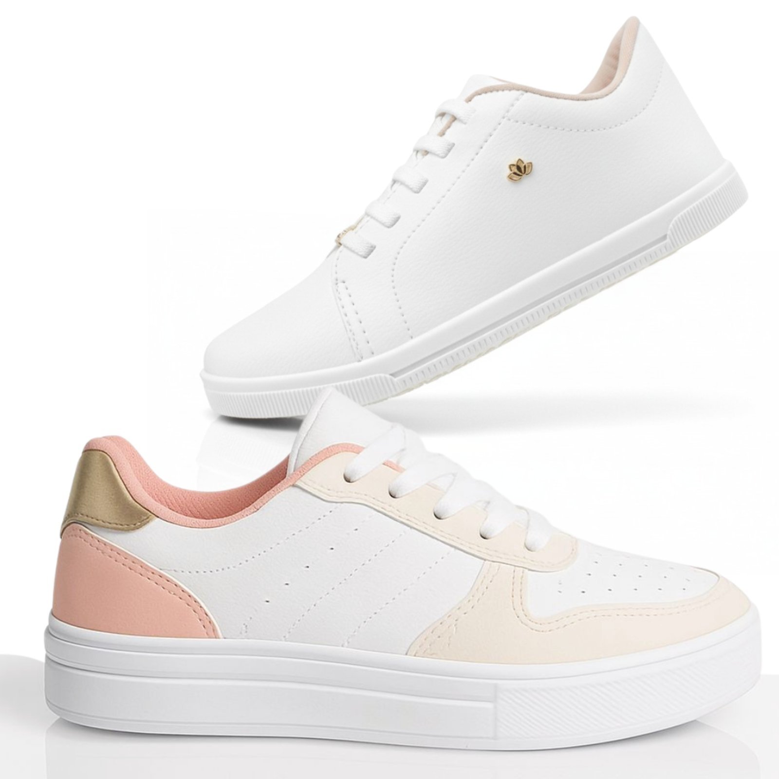 Kit Tênis Feminino Branco Sneakers Tratorado Clean Fashion c/Dourado Confortável