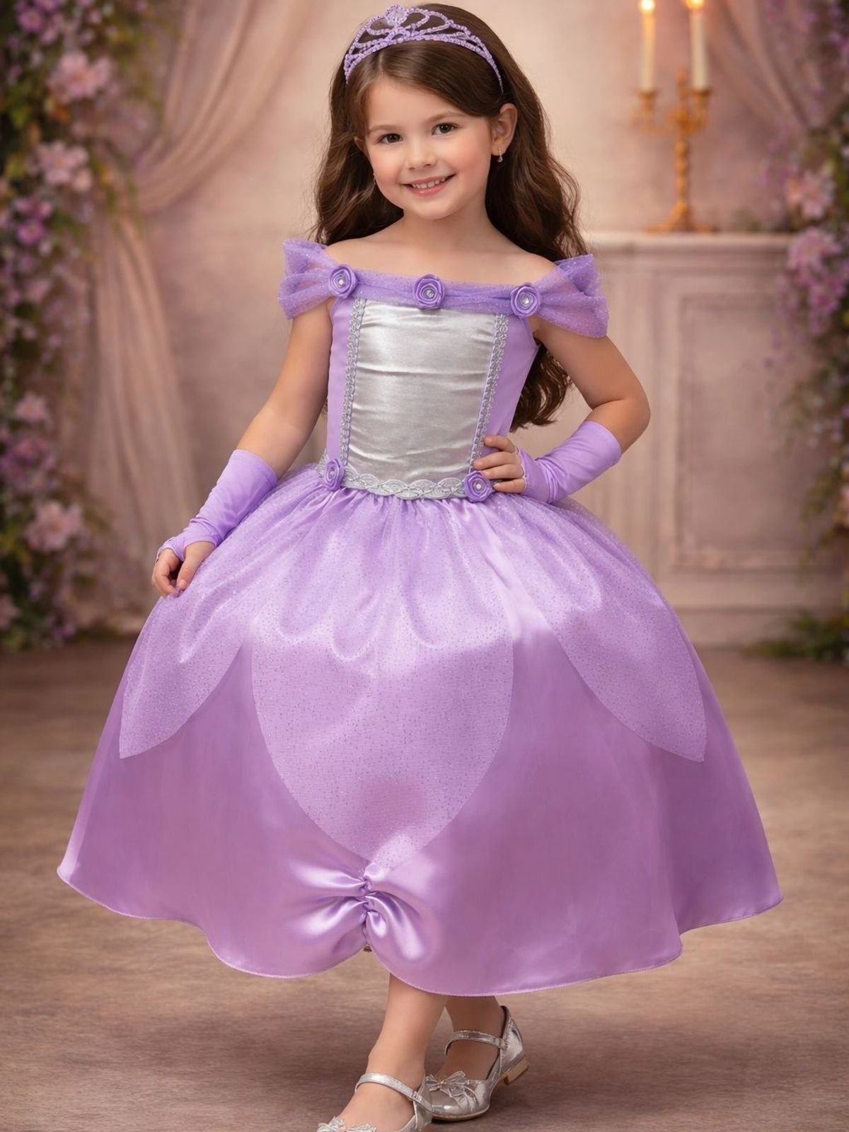 Infantil - Vestido Fantasia Princesa Lilás Com Luvas Princesas Carnaval Festa Dia das s Menina Luxo