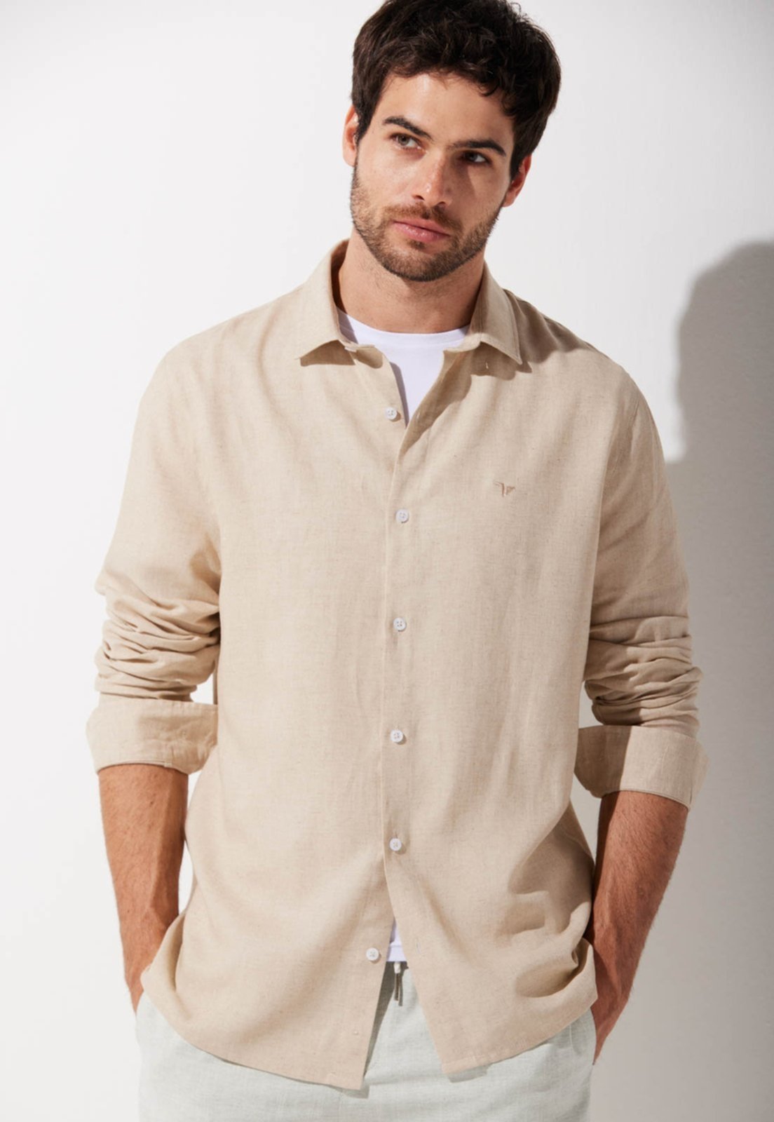 Camisa Linho Traymon Slim Manga Longa Natural