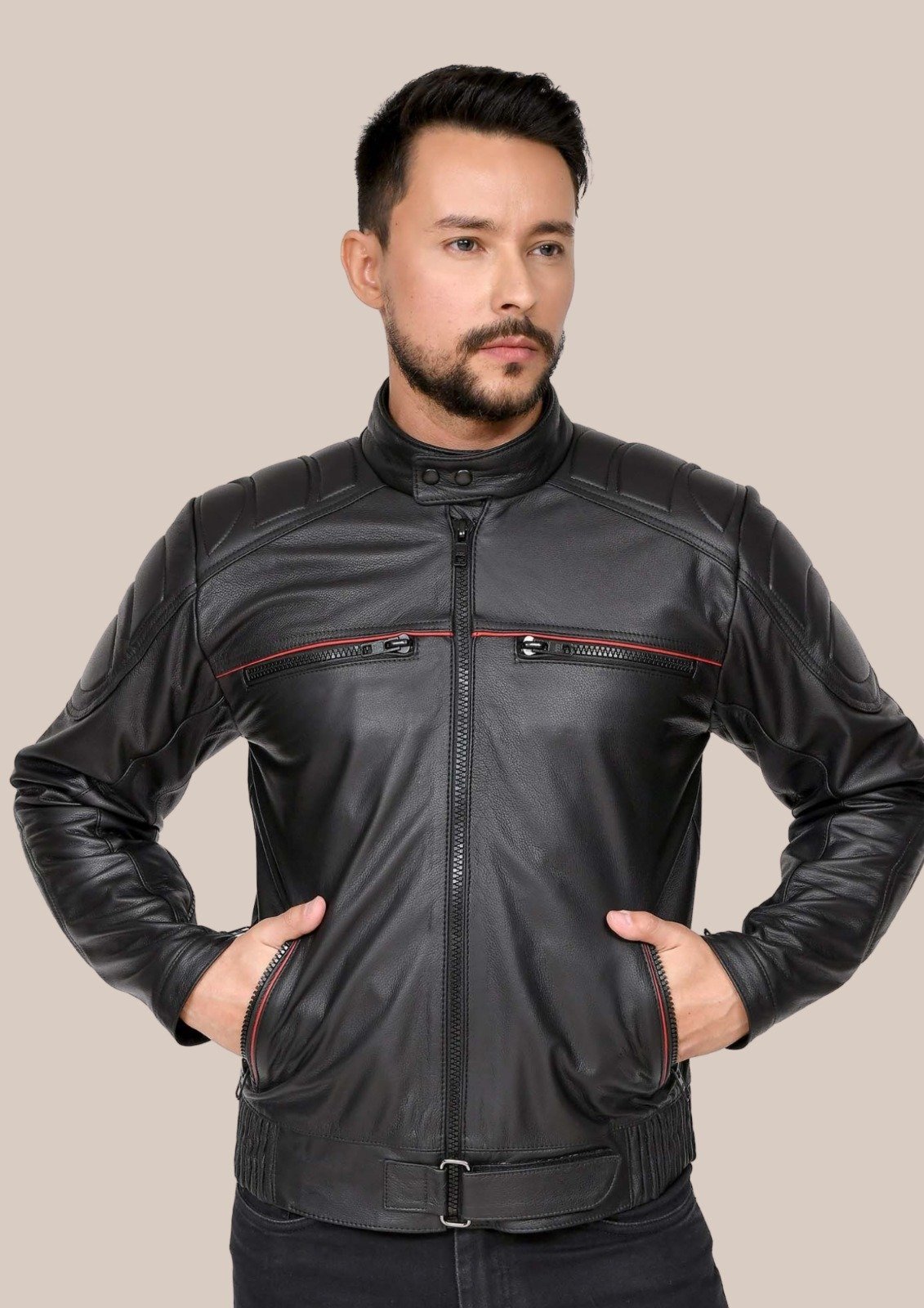 Jaqueta de Couro Motociclista Dakar Preto com Vermelho