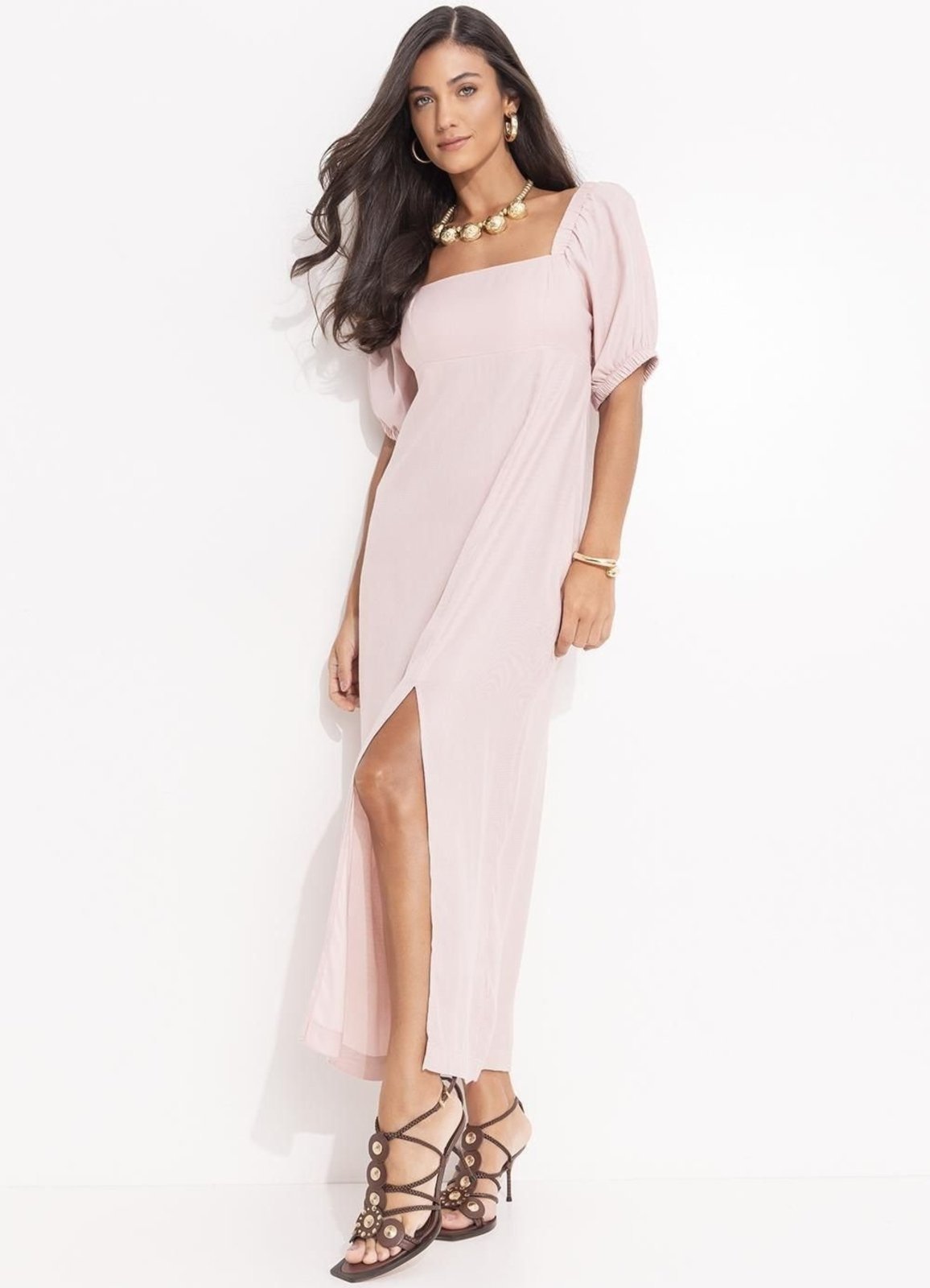 Vestido Feminino Em Viscose Plana Sarjada Quintess Rosa