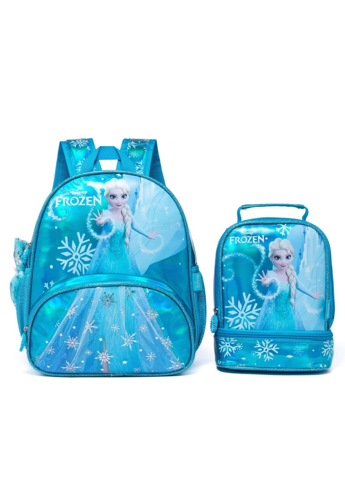 Vista 2 Infantil - Kit Mochila Lancheira Escola Disney Espaçosa Frozen Disney azul