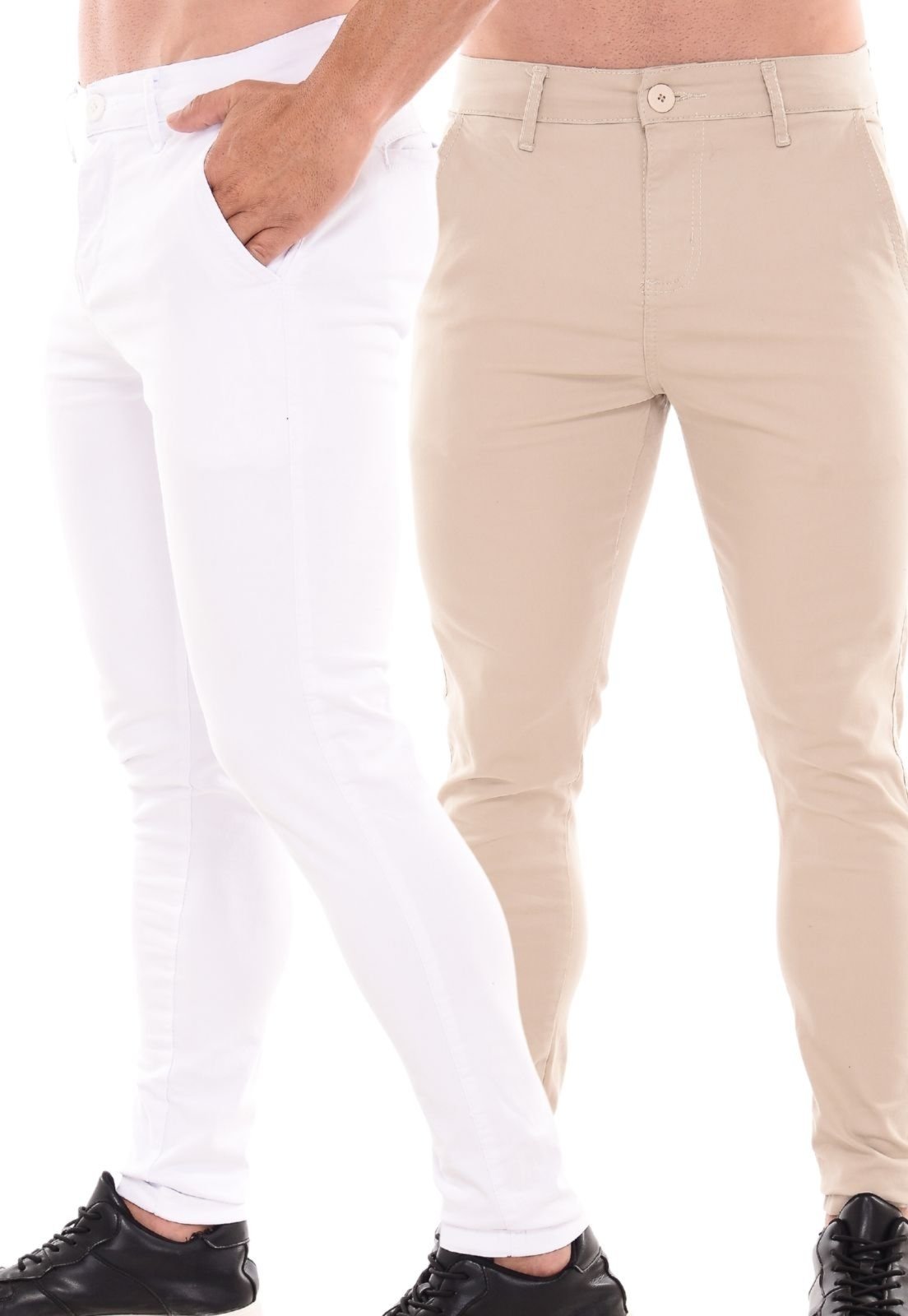 Kit 2 Calças Sarja Masculina Niha Jeans Confortável e Estilosa Branco e Bege