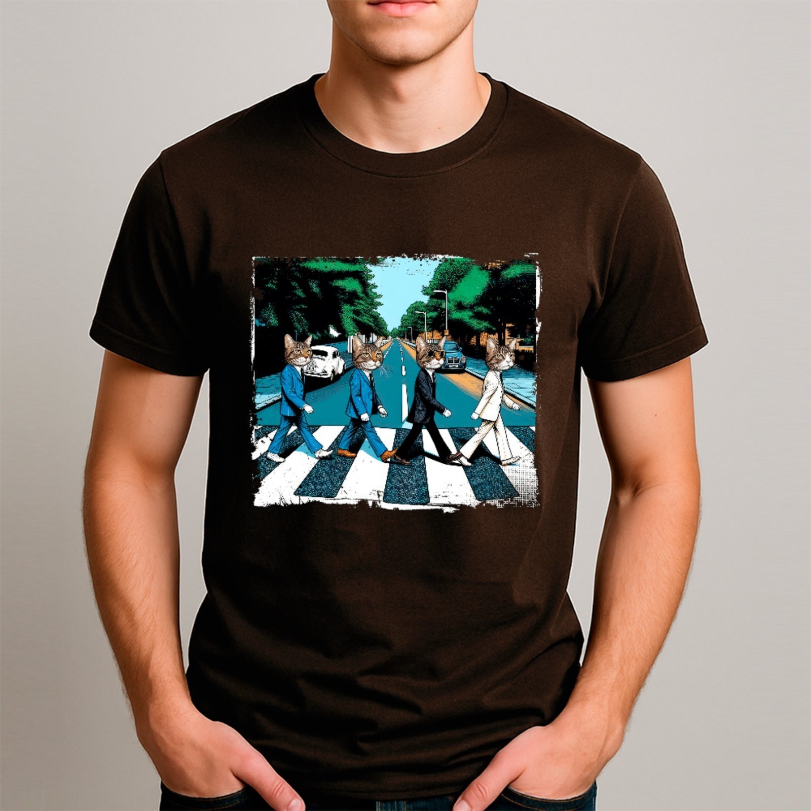 Camiseta Ousy Básica Gatos Abbey Road Rock Unissex Marrom