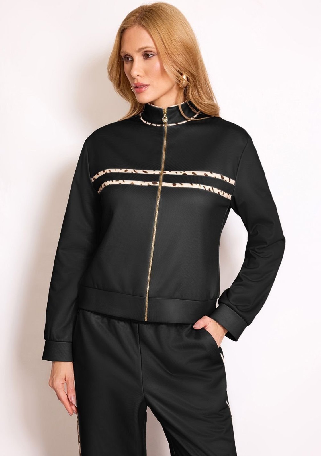 Conjunto Zinco Casaco Manga Longa Calça Reta Cintura Alta - Preto