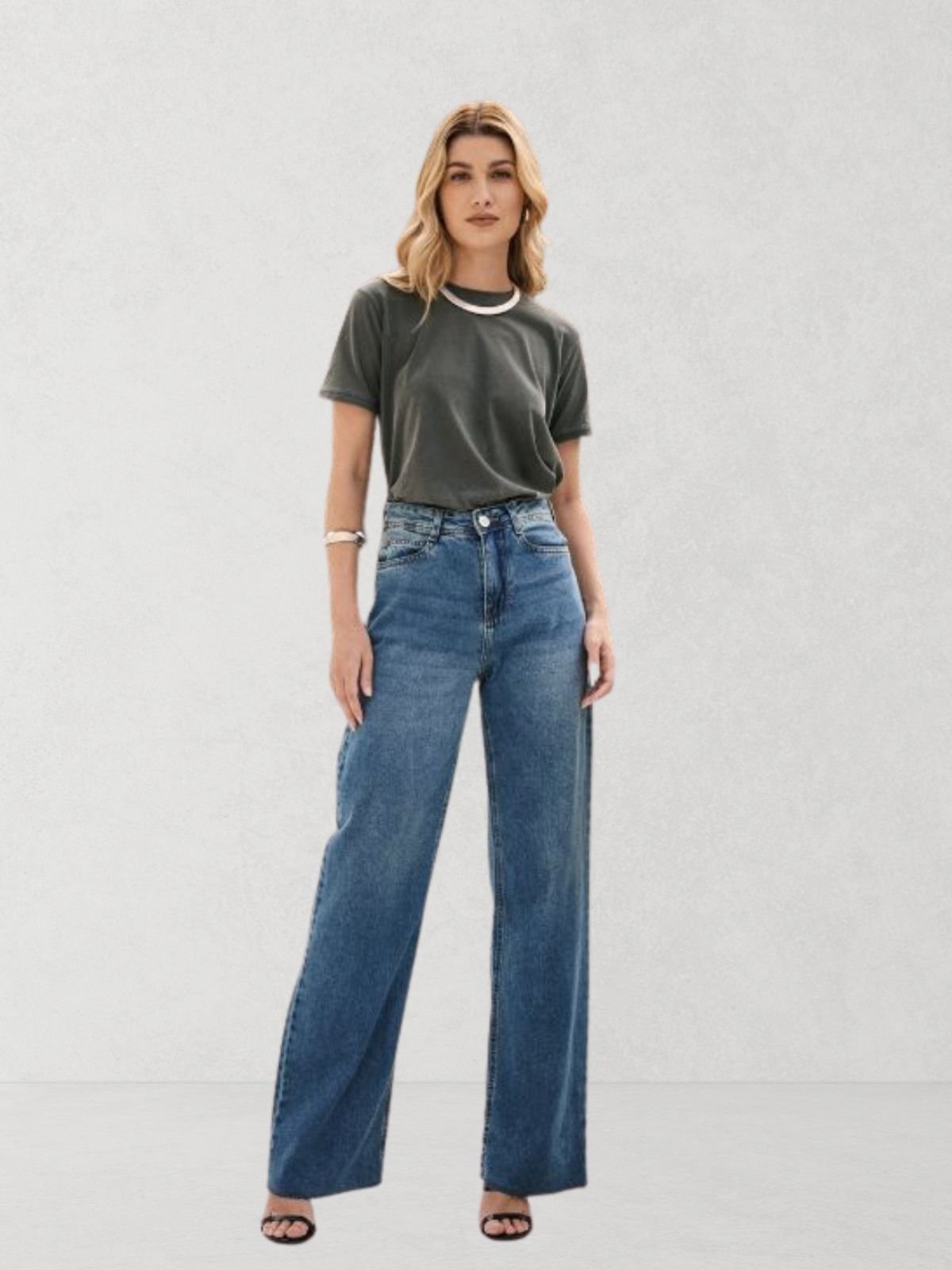 Calça Via Lessa Orlando Modelagem Wide Leg Jeans Médio