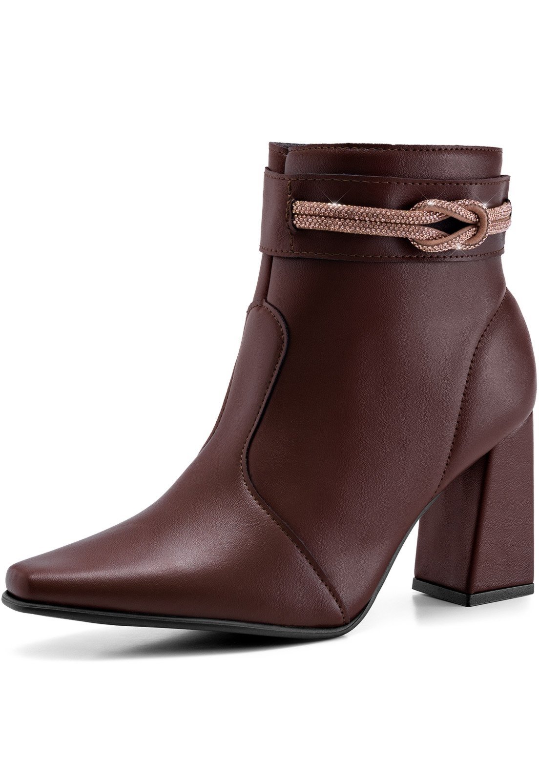 Bota Coturno Feminino Strass Bico Fino Lumiss Salto Alto Grosso Cano Curto Confort Marrom