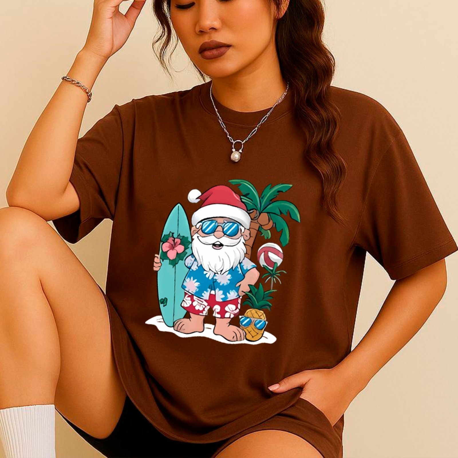 Vista 2 Camiseta Ousy Oversized Natal Papai Noel Praiano Unissex branco ousy branco