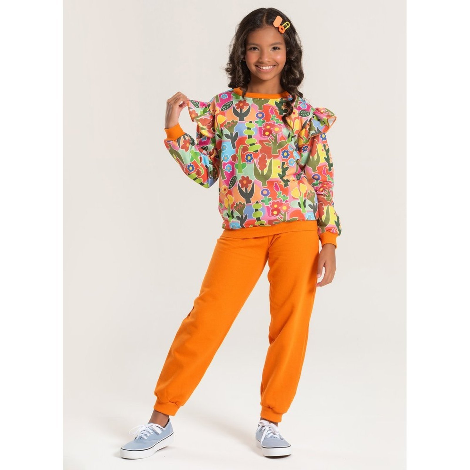 Infantil – Conjunto Inverno Menina Laranja Blusão e Calça em Moletom Jardim Colorido