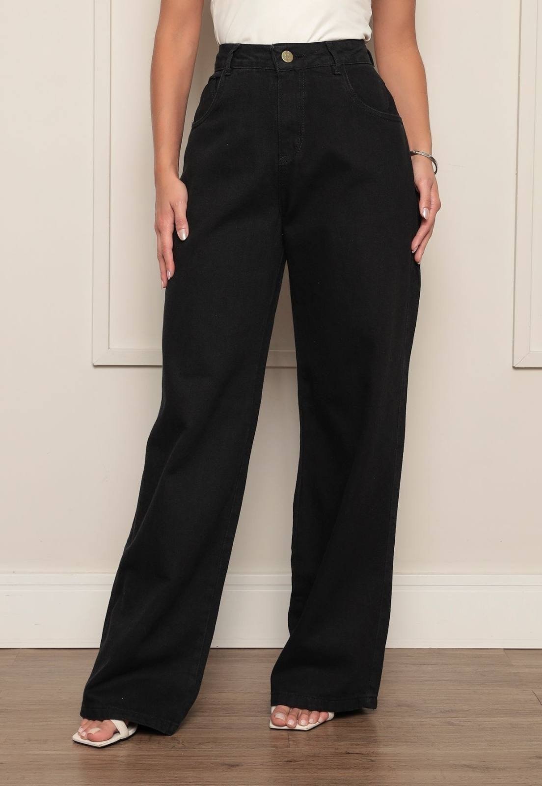 Calça Pantalona Ethereal Jeans de Alfaiataria Premium Wide Leg Preto