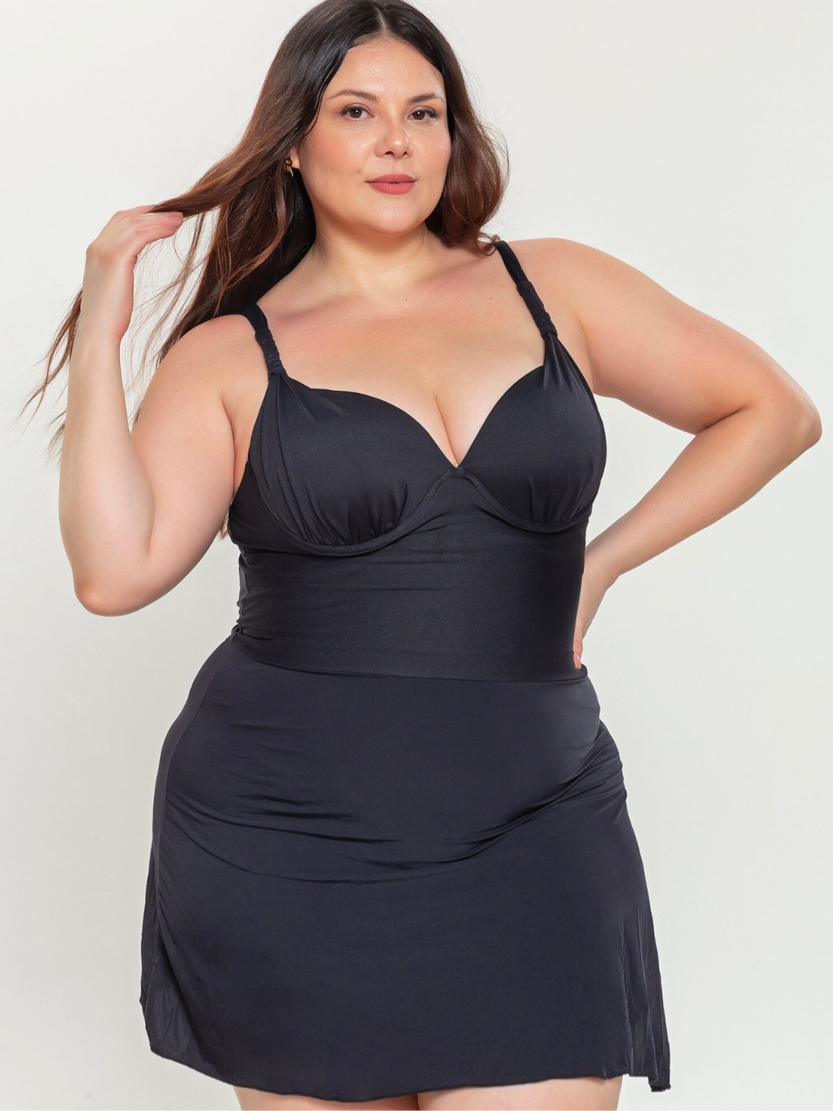 Vista 3 Maiô Plus Size Orla da Praia Feminino Com Saia Saída Praia Bojo Com Aro preto Orla da Praia preto