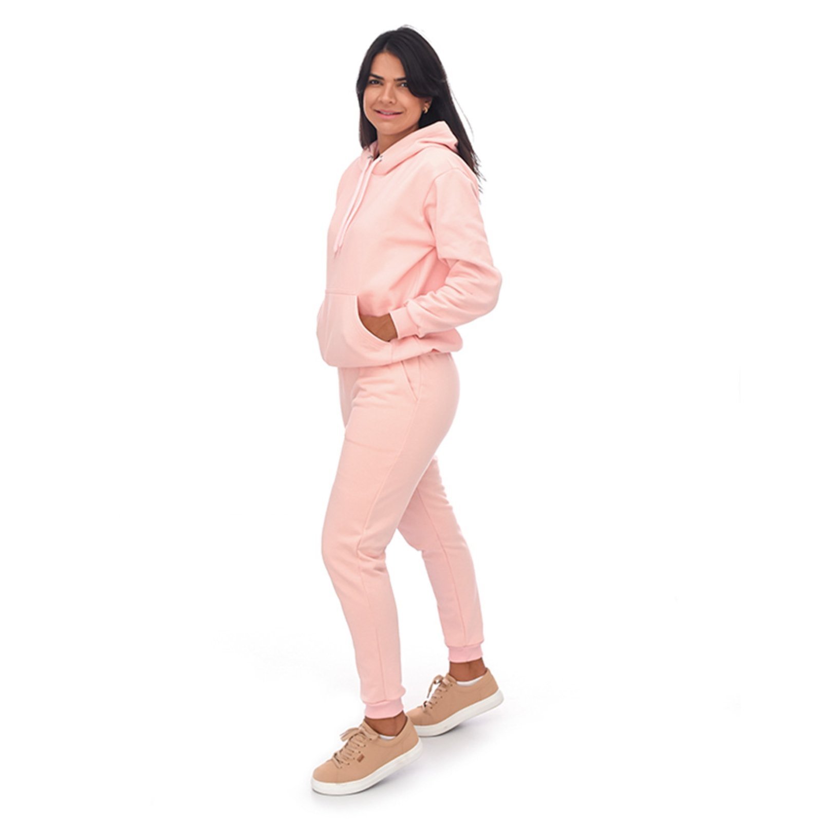 Conjunto Em Moletom Blusa Canguru e Capuz E Calça Estilo Jogger Adulto Rosa Claro Aliarthe
