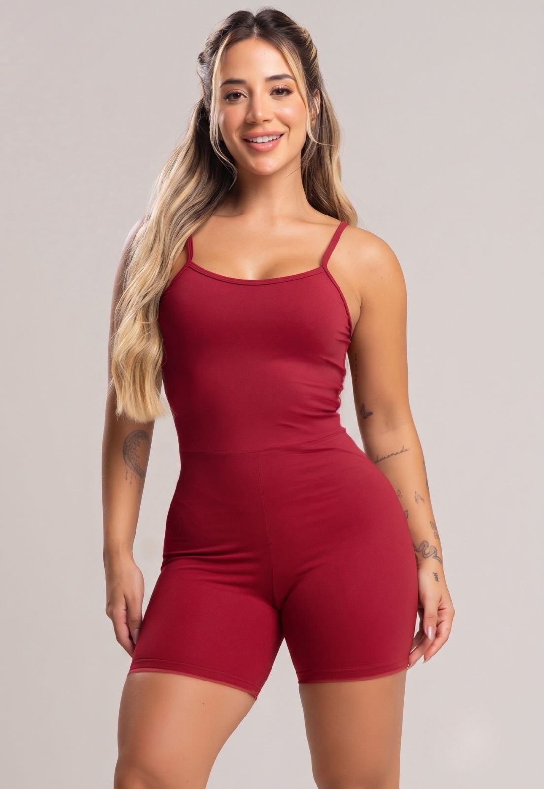 Macaquinho Fitness MVB Modas Alcinha Costas Nua Poliamida Cherry