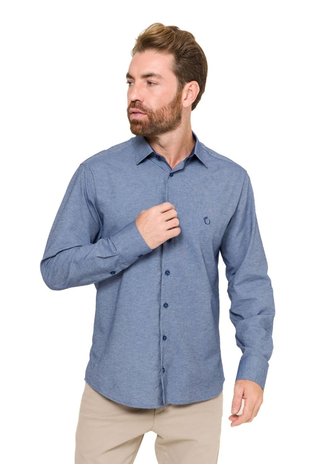 Camisa Social Masculina Slim Olimpo Chambray Manga Longa Azul