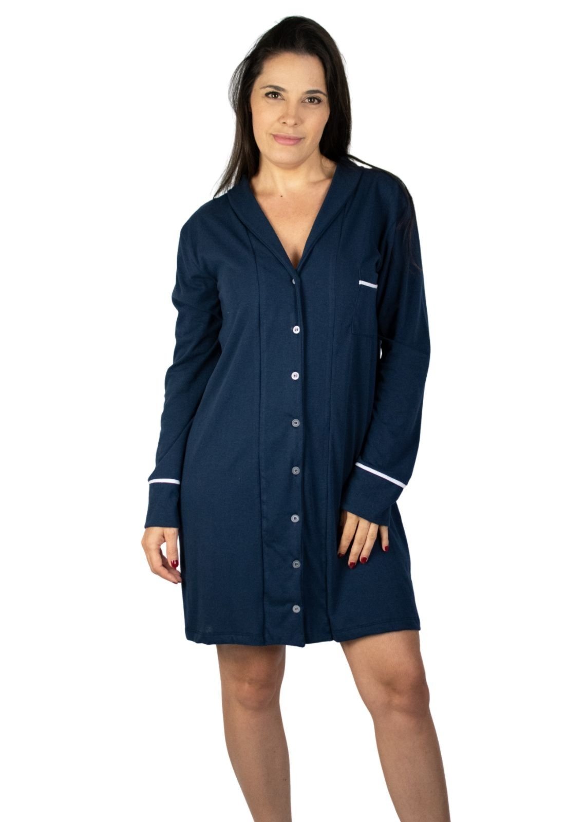 Camisola Algodão Feminina Americana Manga Longa com Botão Botões Inverno Adulto indicado Gestante Amamentação e Pós cirúgico – Marinho