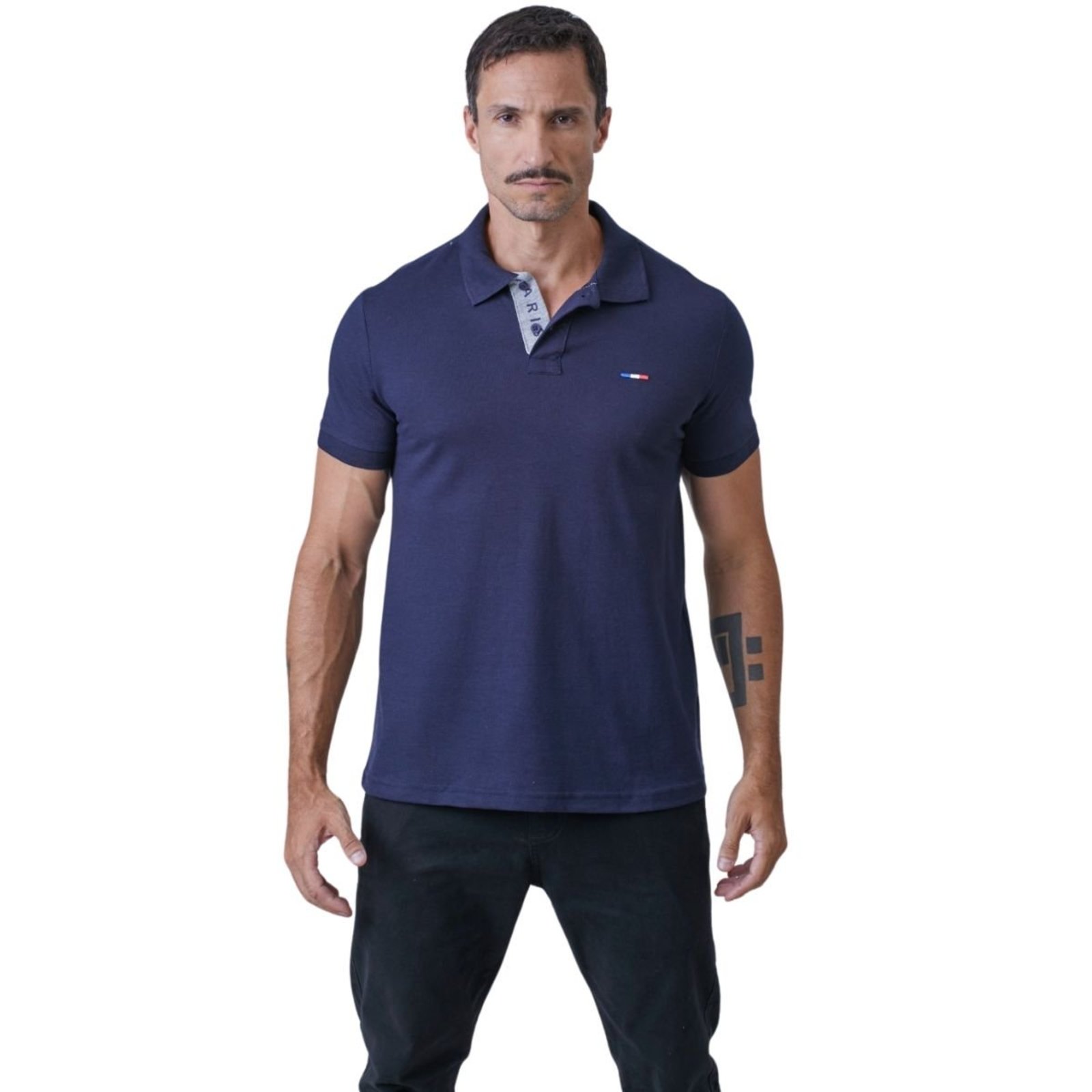 Camisa Polo Masculina Básica Bordado França Marinho Azul Marinho