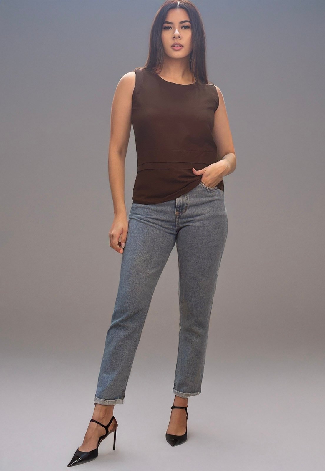 Blusa Amazonia Vital Regata Viscose com Linho Babado na Cintura Raffa Marrom