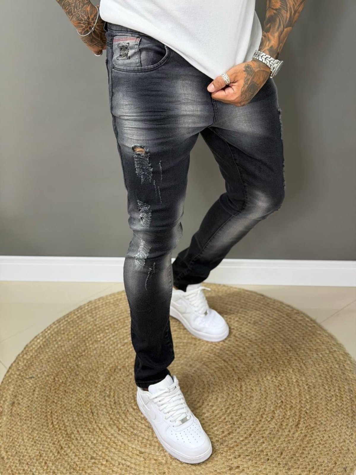 Calça Jeans Qr Code Jeans Jogador Masculina Básica Casual Preto