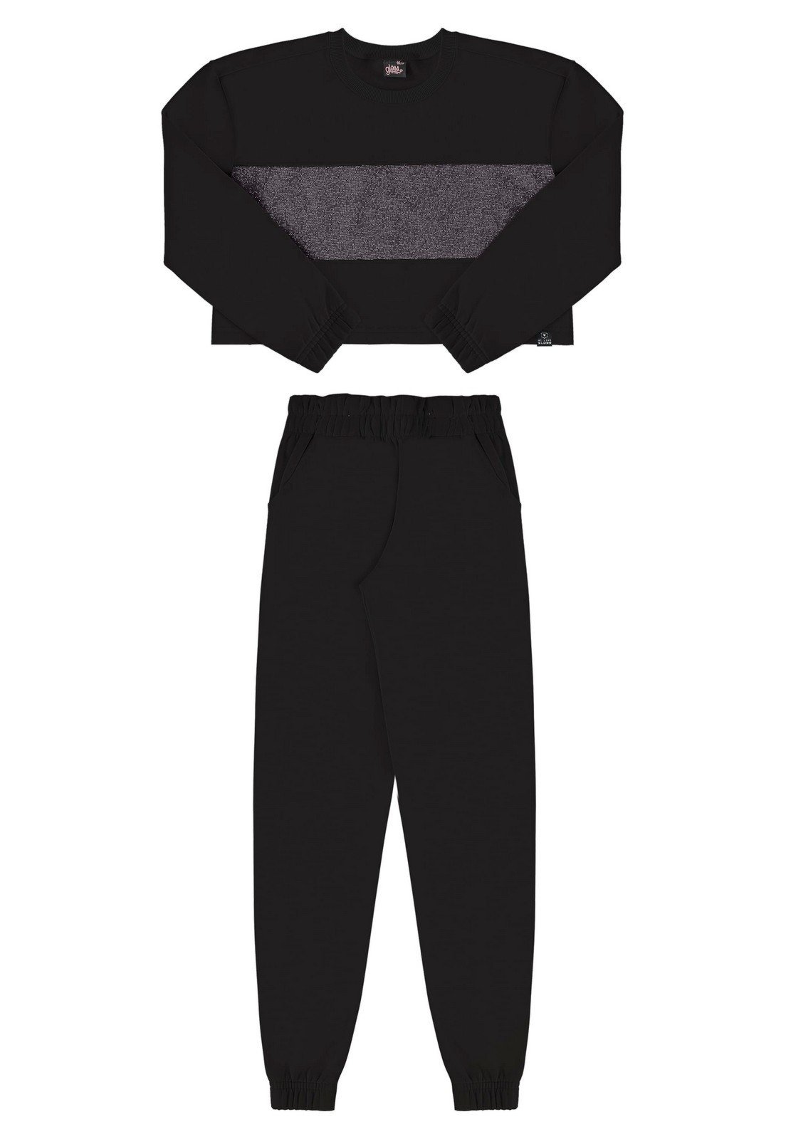 Vista 2 Infantil - Conjunto Blusão Cropped e Calça em Moletom Juvenil Gloss preto Gloss preto