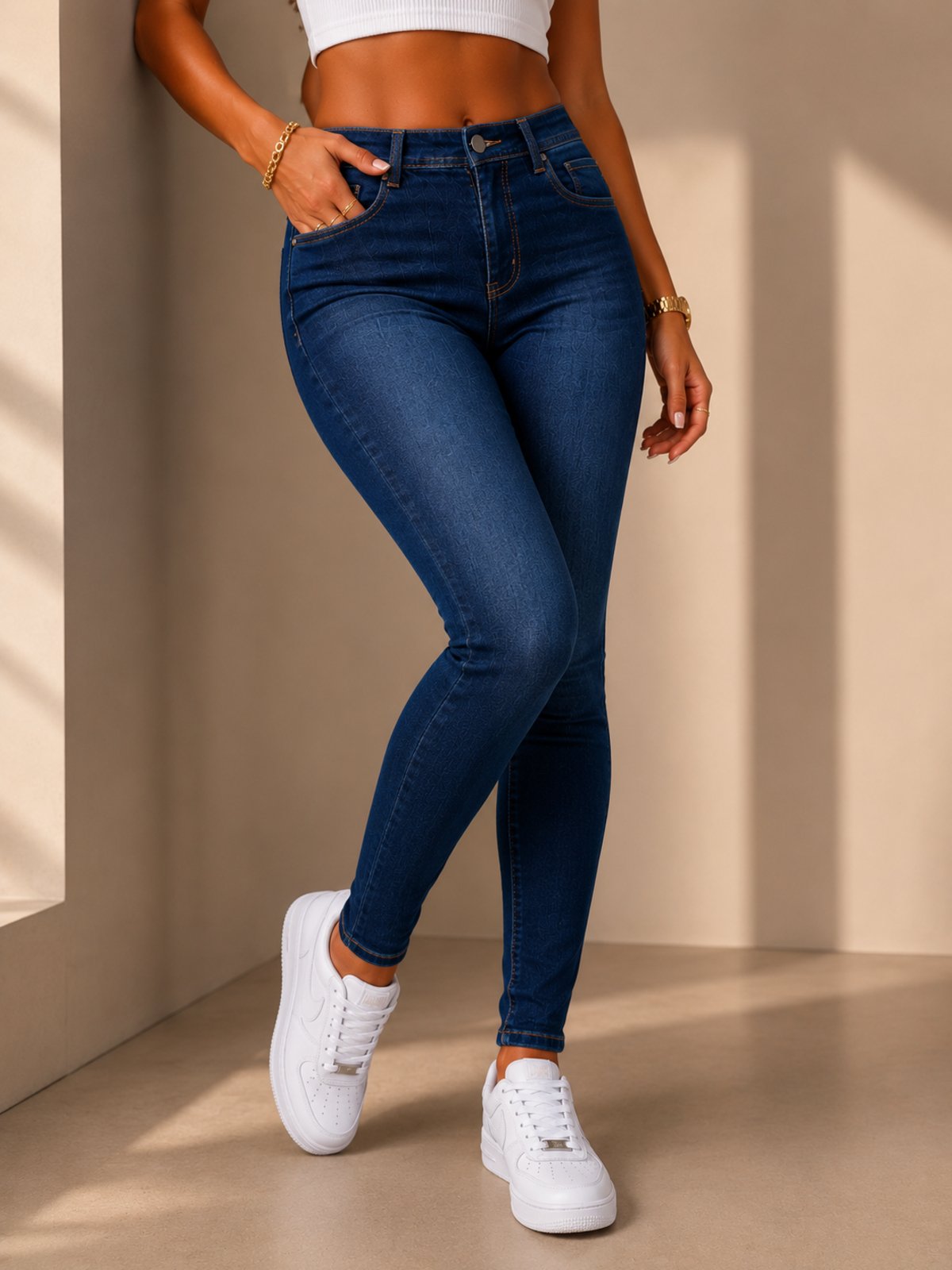 Calça Jeans Feminina Skinny Cintura Alta Purple Jeans Azul Escuro com Elastano Modela Corpo Confortável Premium