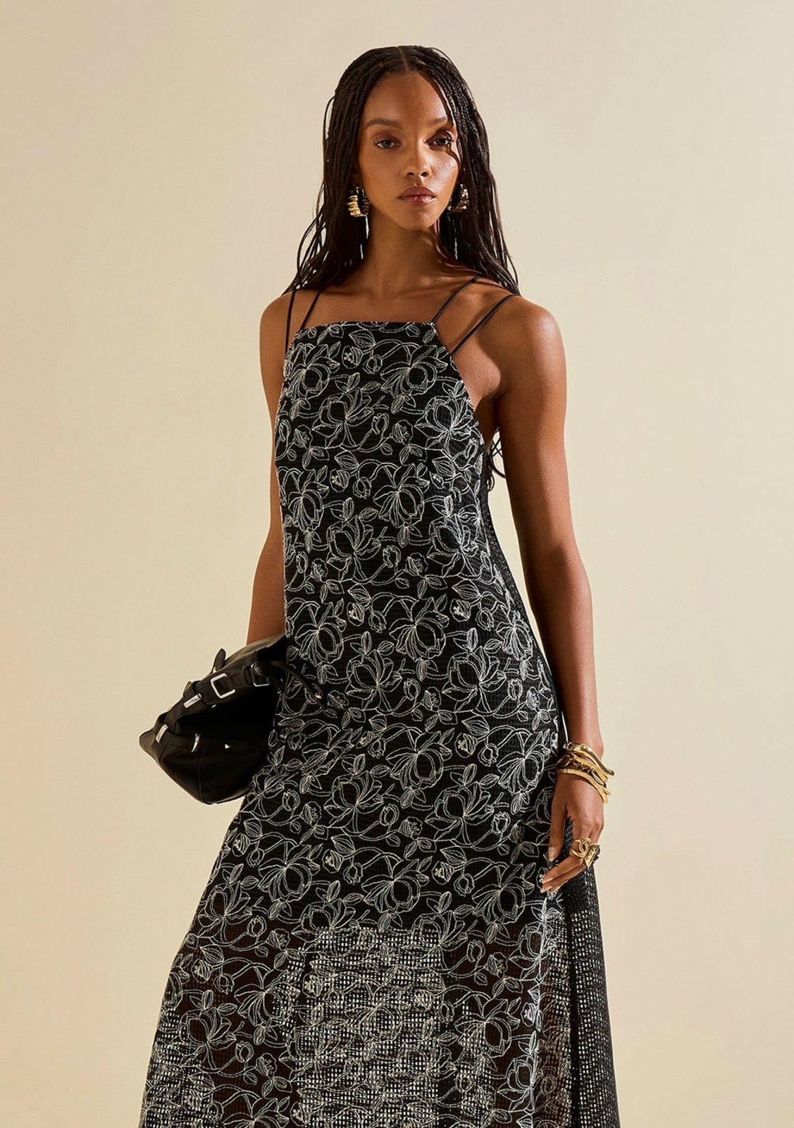 Vestido Morena Rosa Solto Decote Reto Com Alça Midi Preto