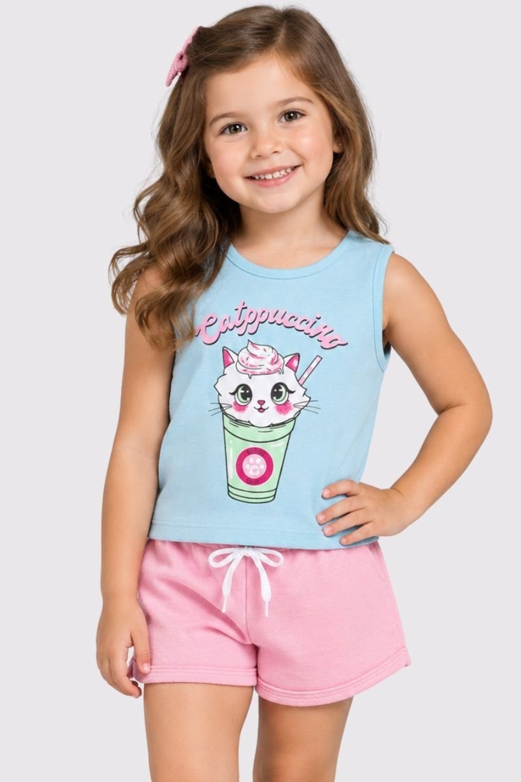 Infantil - Conjunto Menina Blogueirinha Blusa Regata Algodão e Shorts Moletinho Confortável