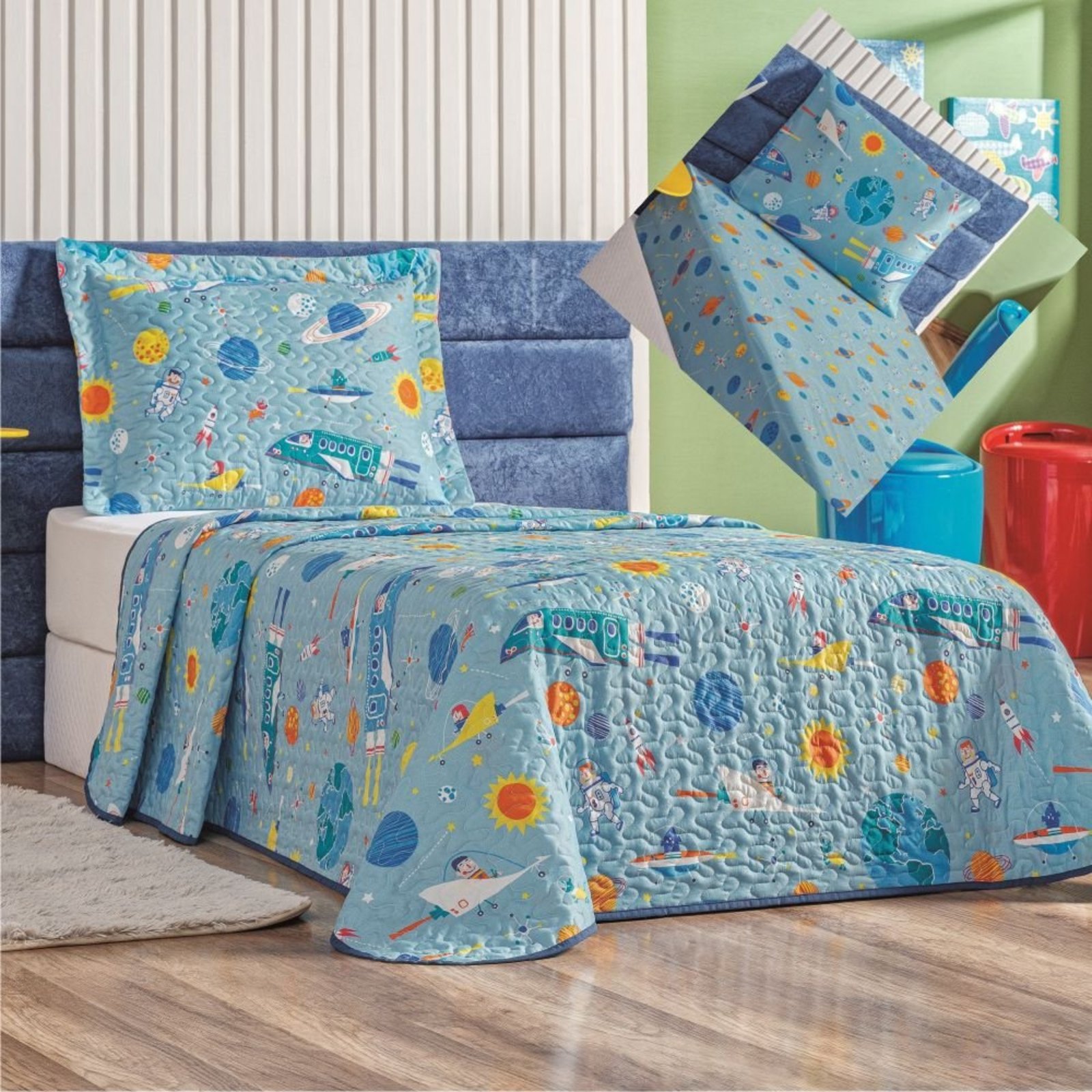 Kit Cobre Leito Solteiro e Lençol 4 Peças Spacial - 100% Poliéster