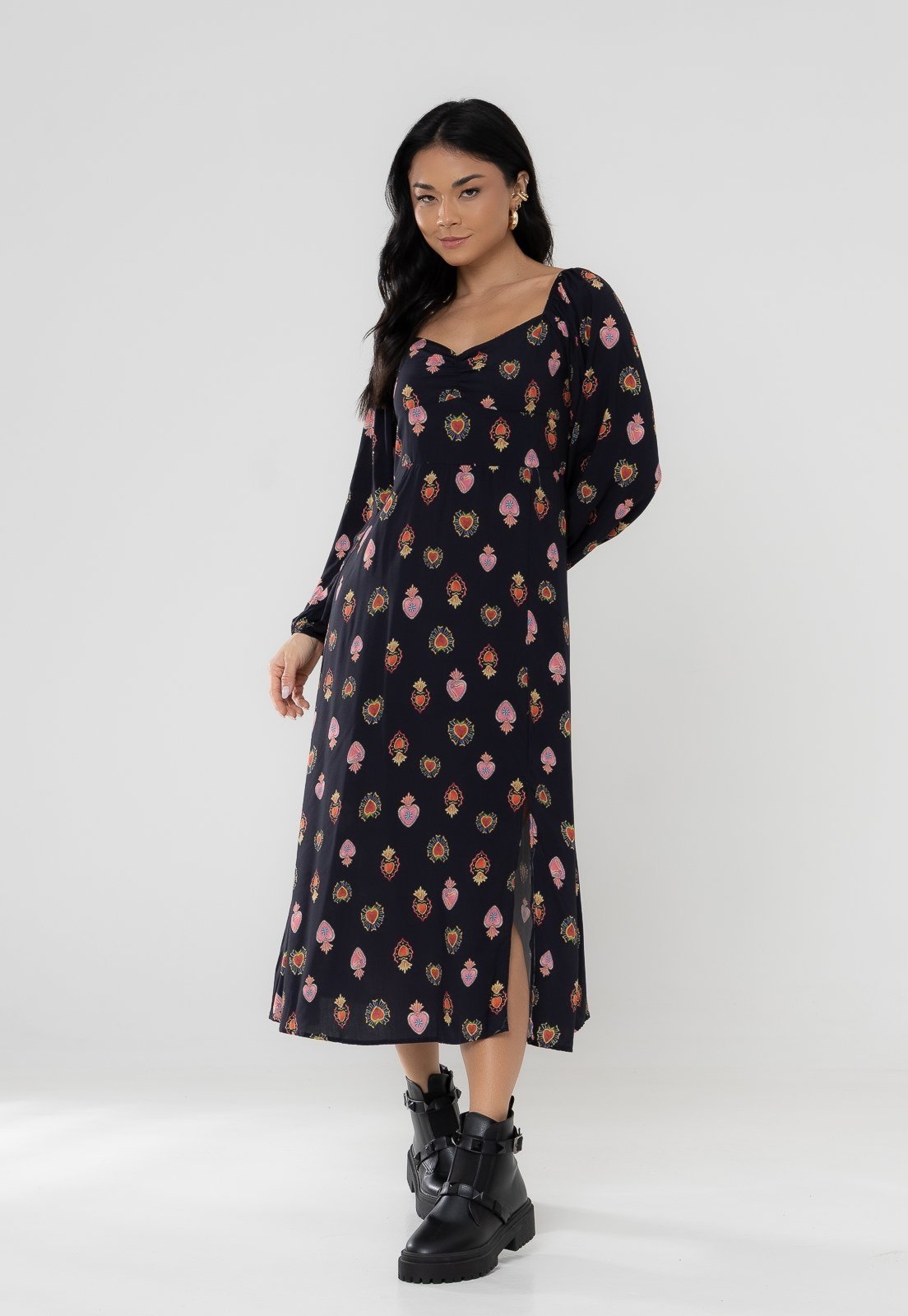 Vestido Aura Márcia Manga Longa Coração Preto