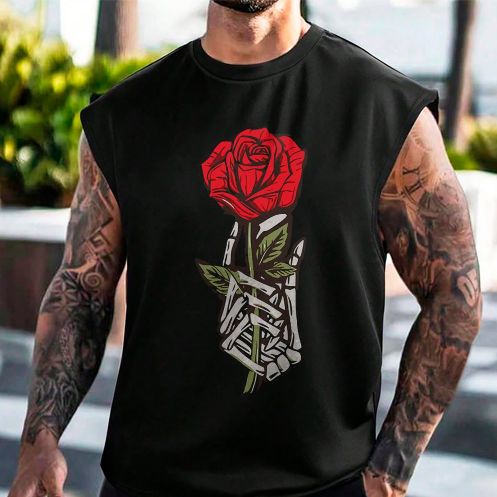 Camiseta Regata Machão Skeleton Rose Tattoo Estilo Streetwear Preto