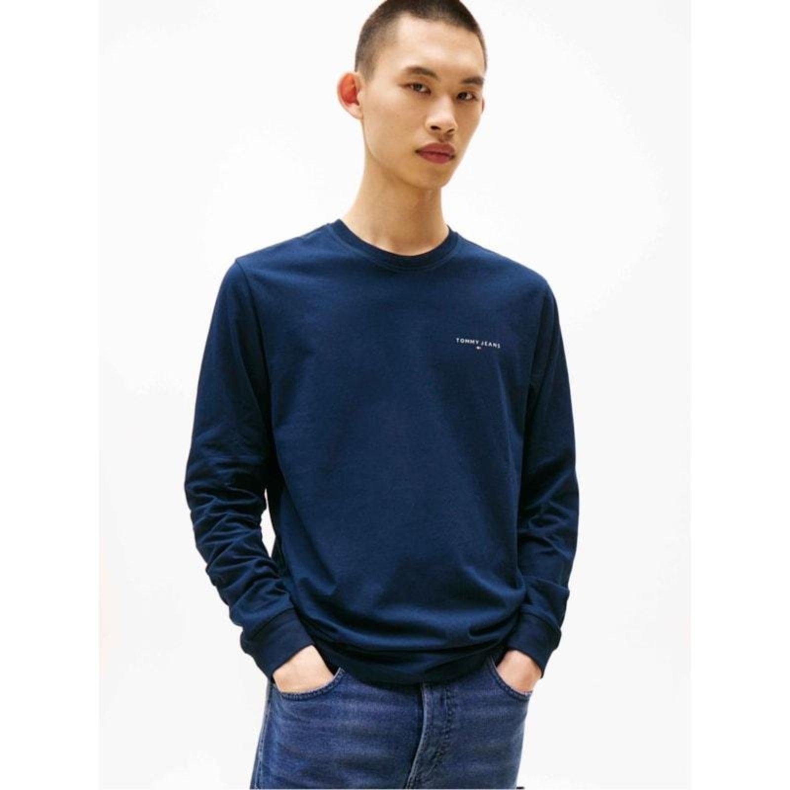 Camiseta de Manga Comprida Slim com Logo Linear Azul Marinho