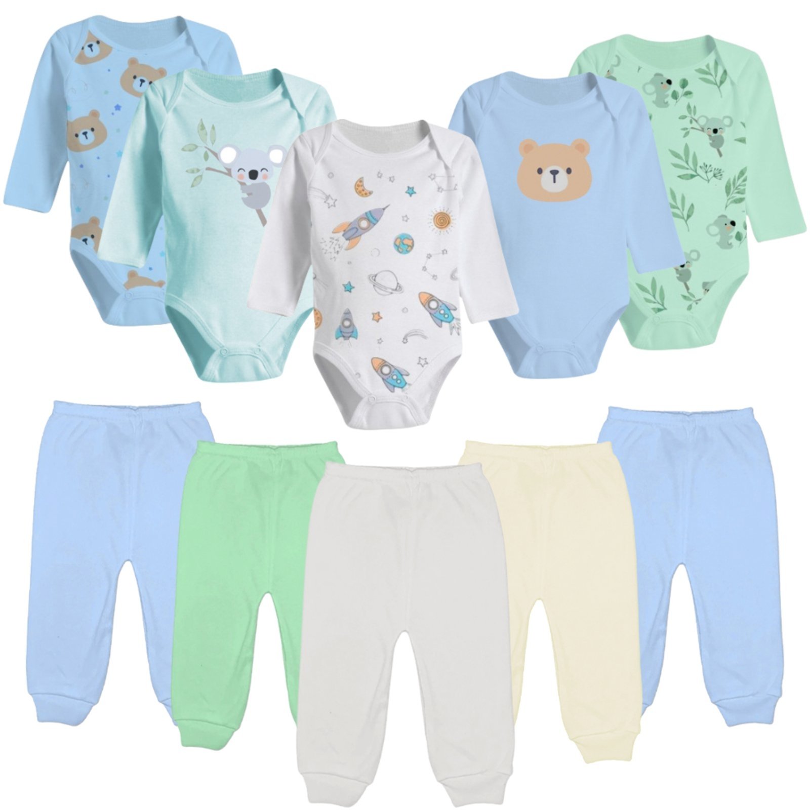 Infantil – Kit 10 Pçs Body Longo Estampado e Mijão Algodão Azul