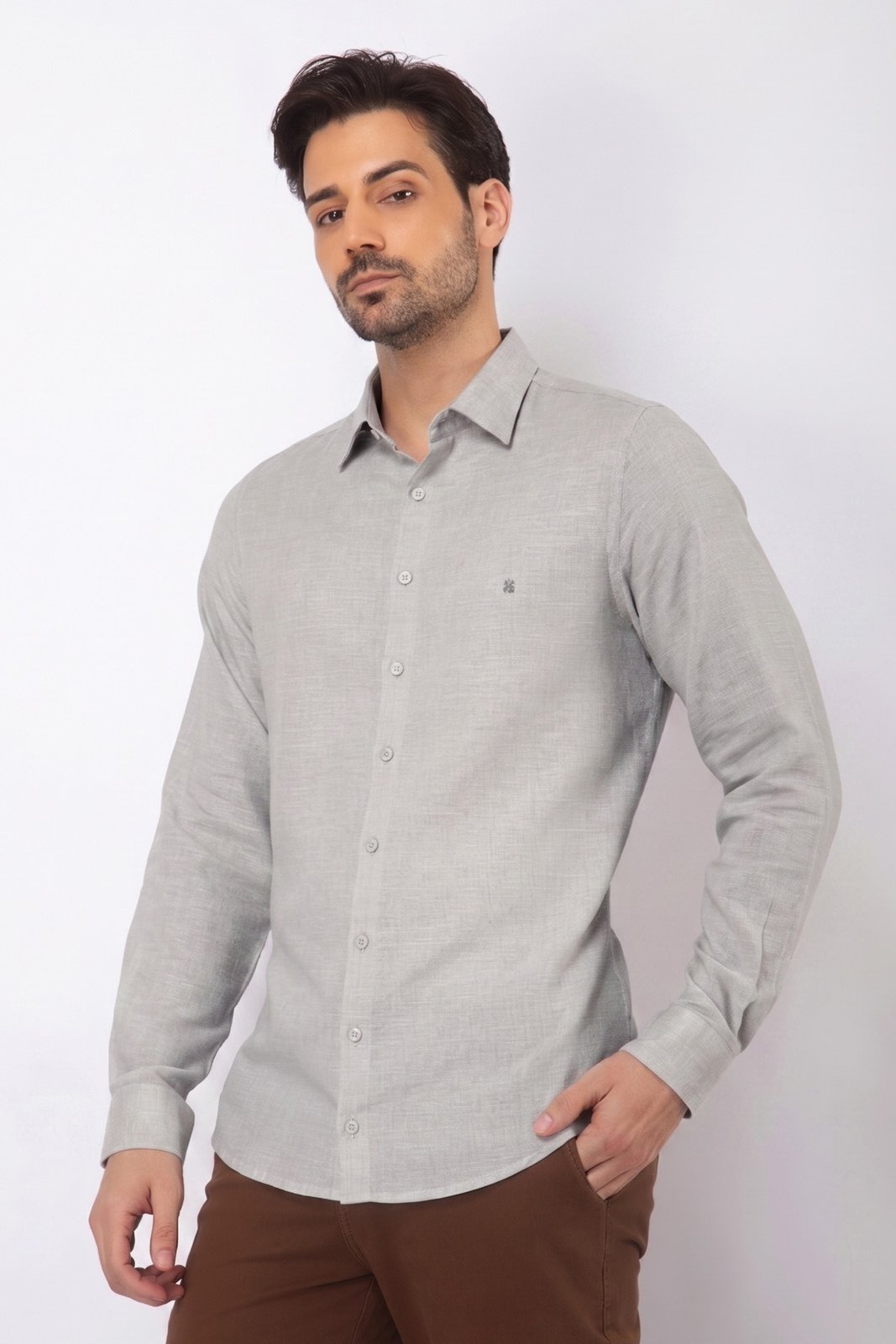 Camisa Slim Textura Lines Manga Longa Cinza Claro– Zaiko