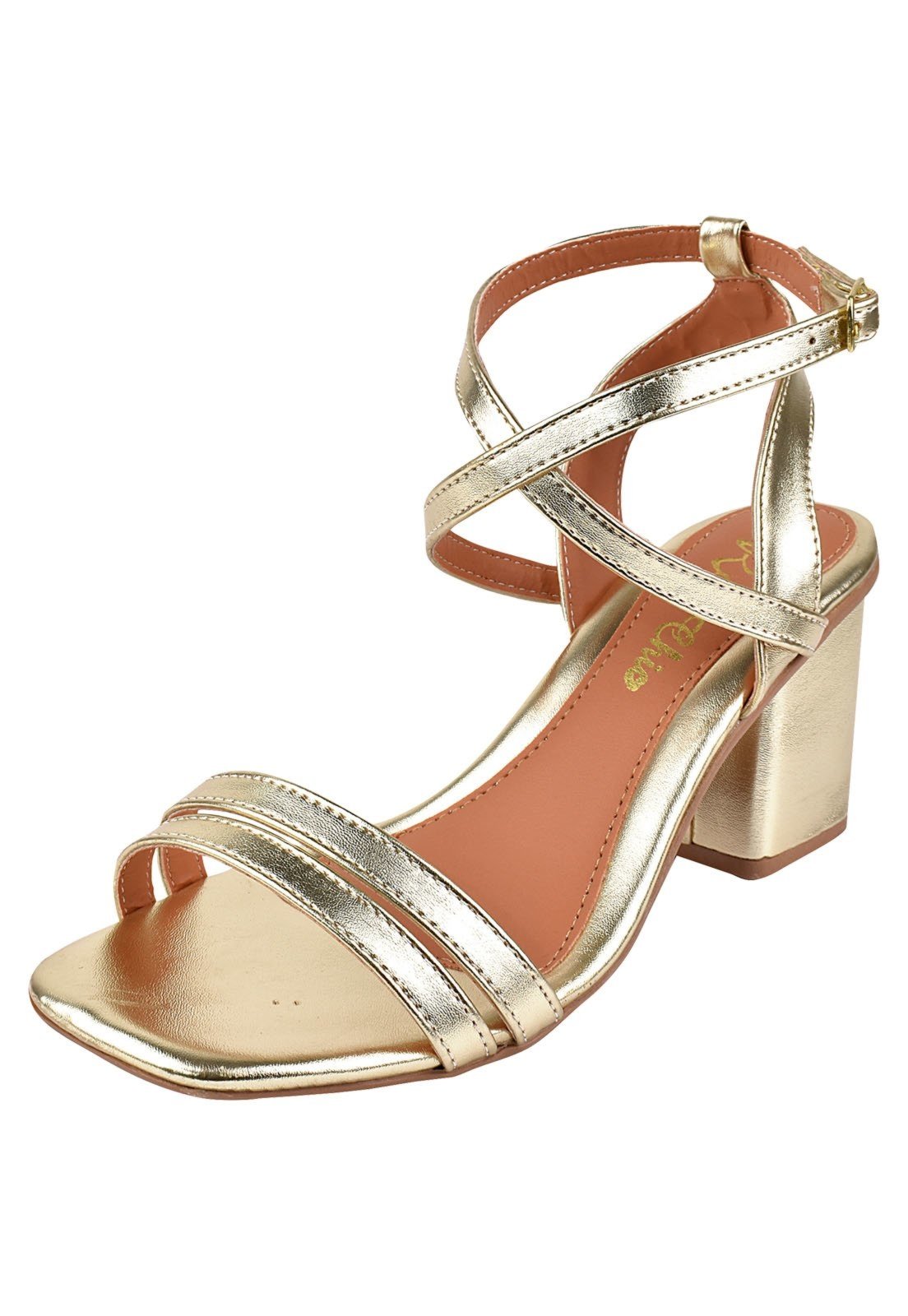 Sandália Salto Grosso Rosa Chic Calçados Feminino Salto Alto Bloco Bico Quadrado Dourado