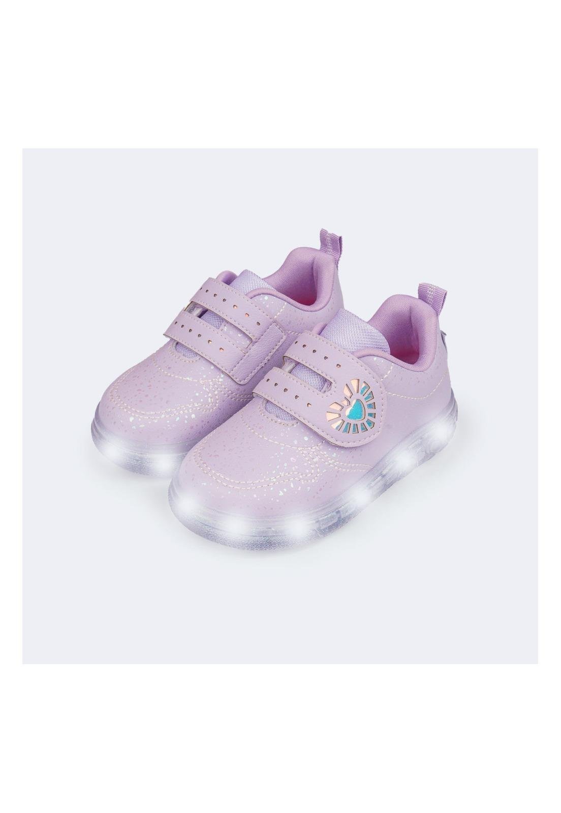 Infantil - Tênis de Led Pampili Sneaker Luz Coração Holográfico Lilás 28 Roxo