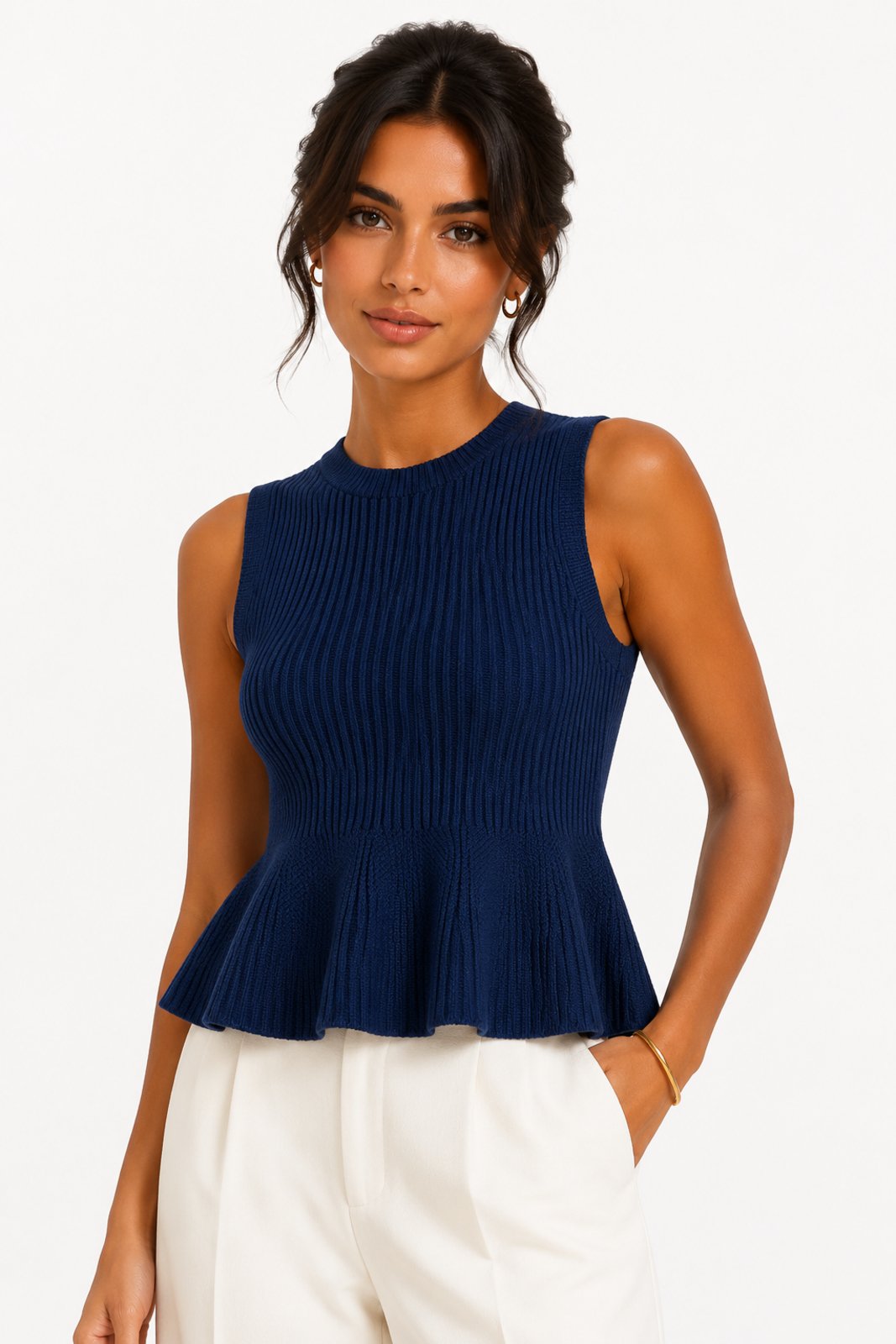 Blusa Tricôt D Bell Outlet Fashion Peplum Azul Marinho