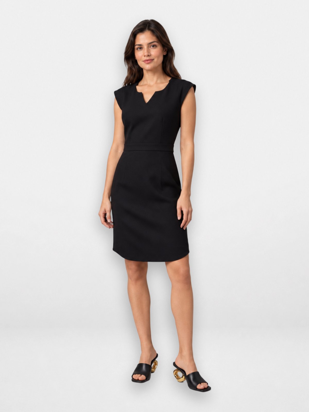 Vestido Feminino Pompier em Viscolinho Stretch Acinturado com Decote V e Manga Curta Preto