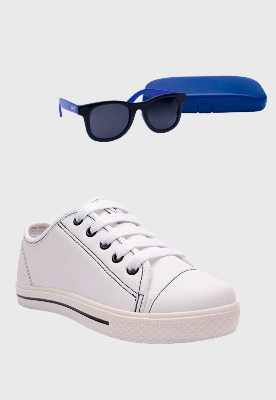 Infantil - Kit Tênis Popstar Branco e Óculos de Sol Azul