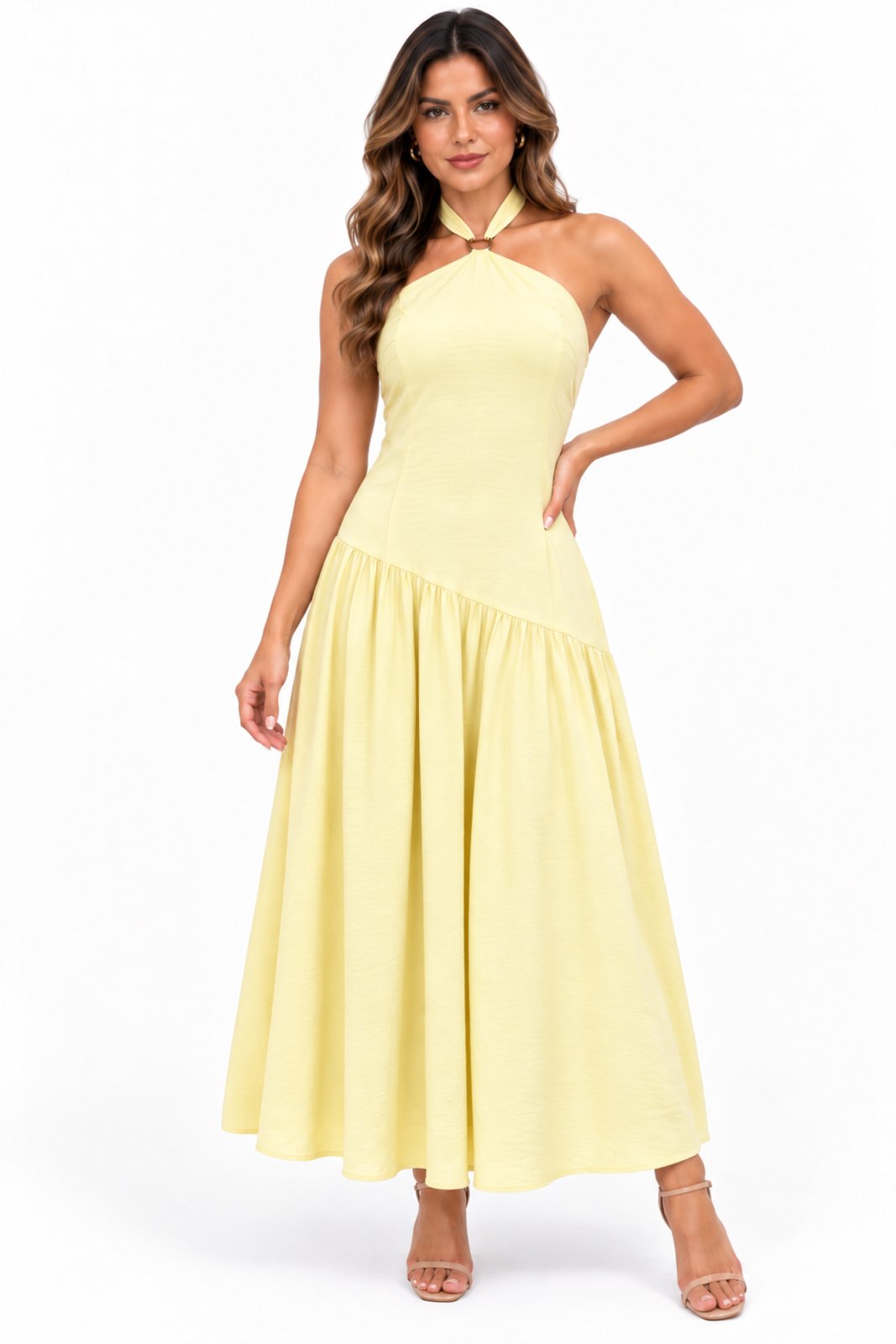 Vestido Midi Evasê D Bell Outlet Fashion Recorte Assimétrico Amarelo Manteiga